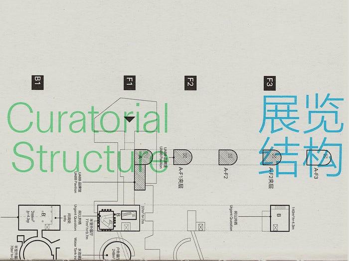 Graphic poster reading "Curatorial Structures" with English and Chinese lettering over architectural plan drawings.