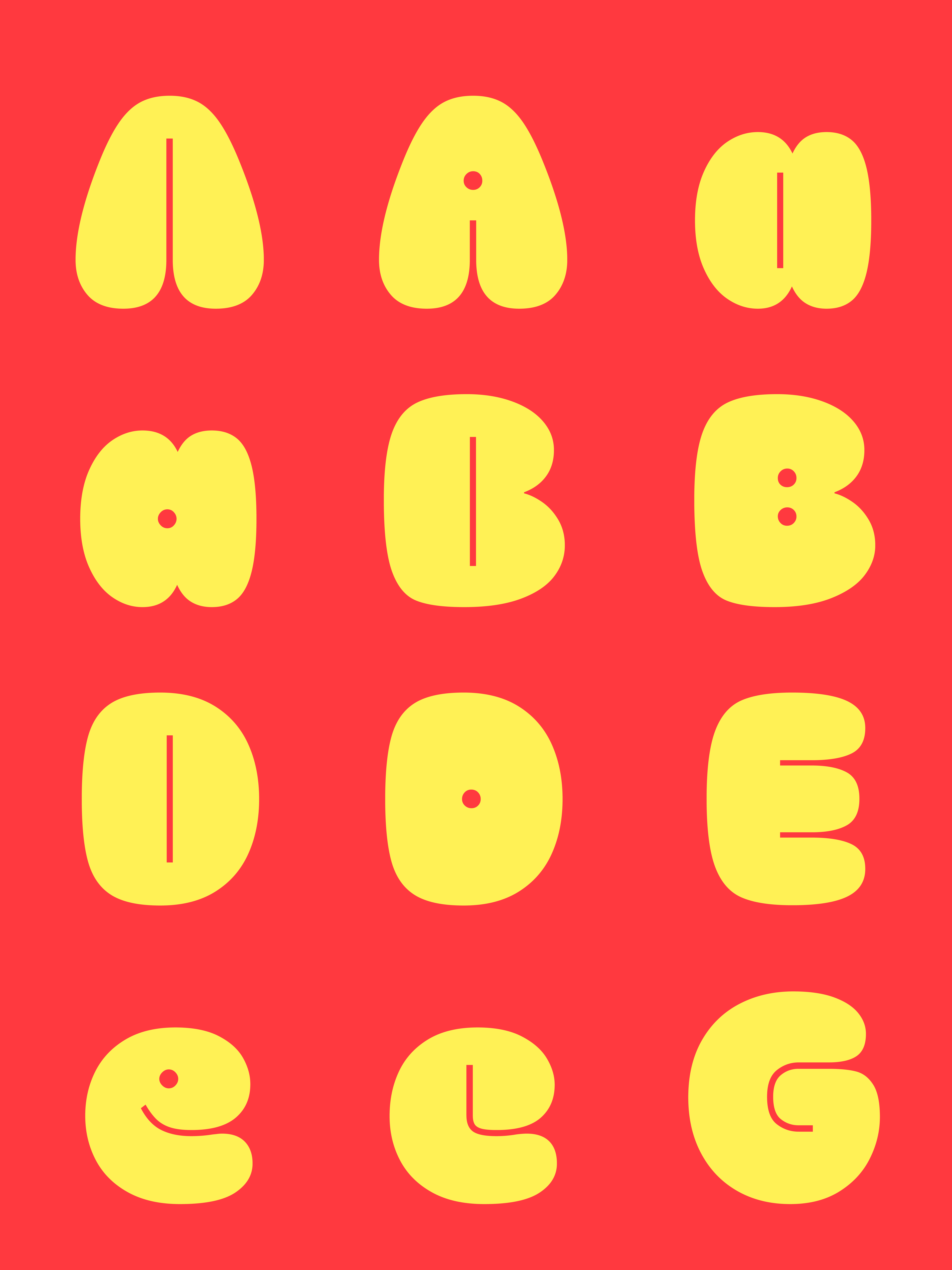 Red poster with yellow rounded Burghi letterforms in a grid.