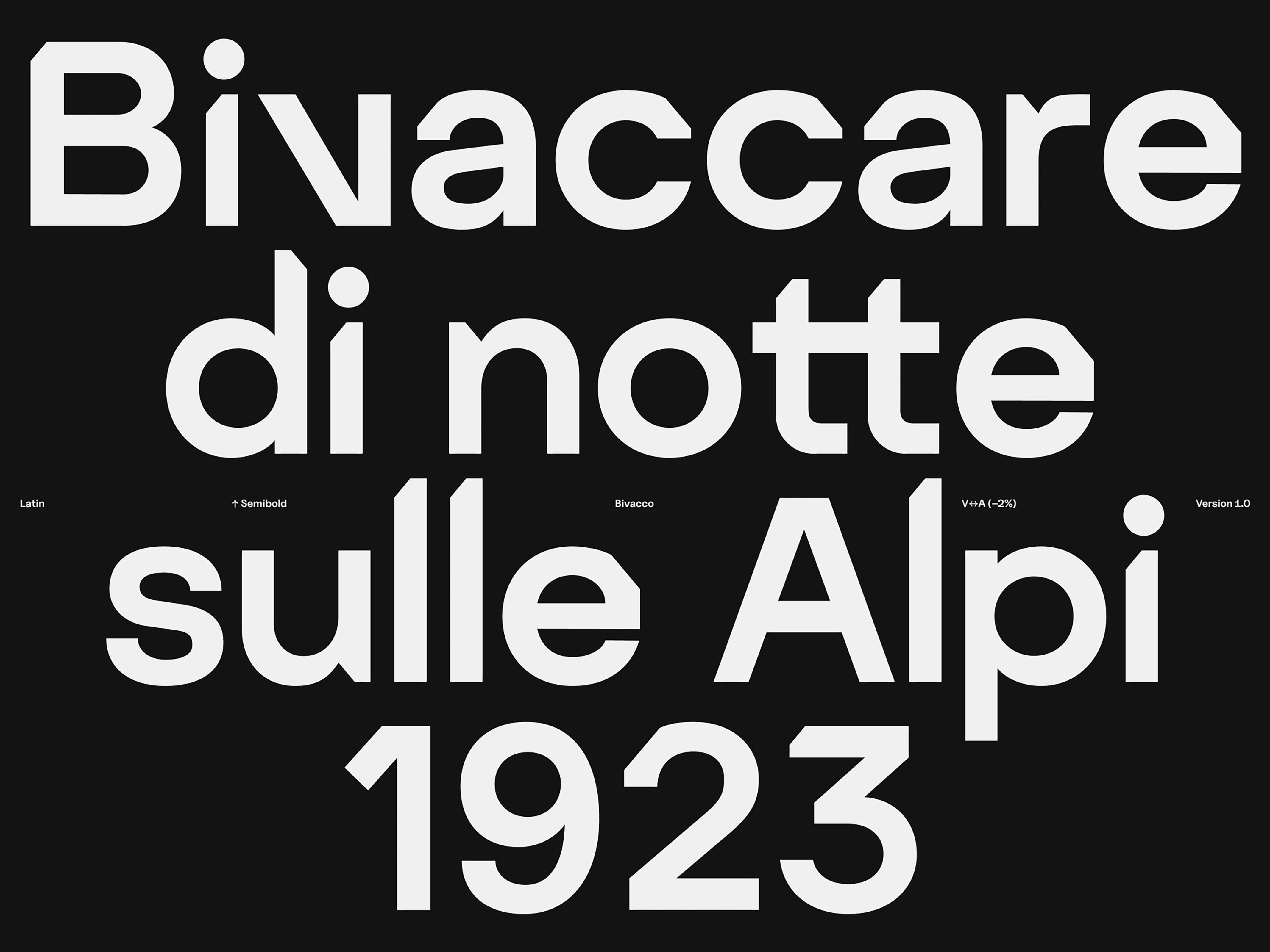 Black poster with large white text reading Bivaccare di notte sulle Alpi 1923.