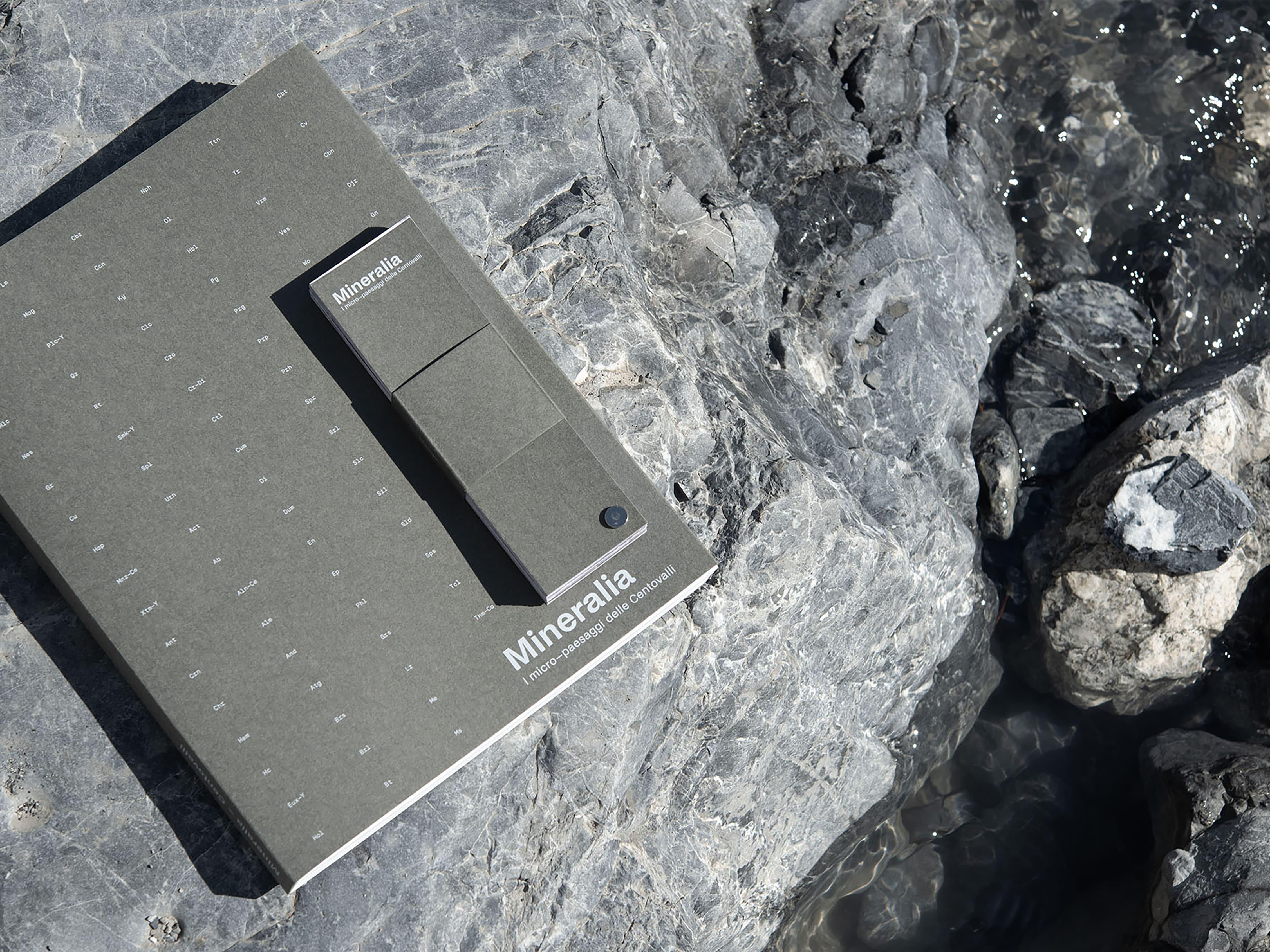 Grey Mineralia book resting on a grey rock.