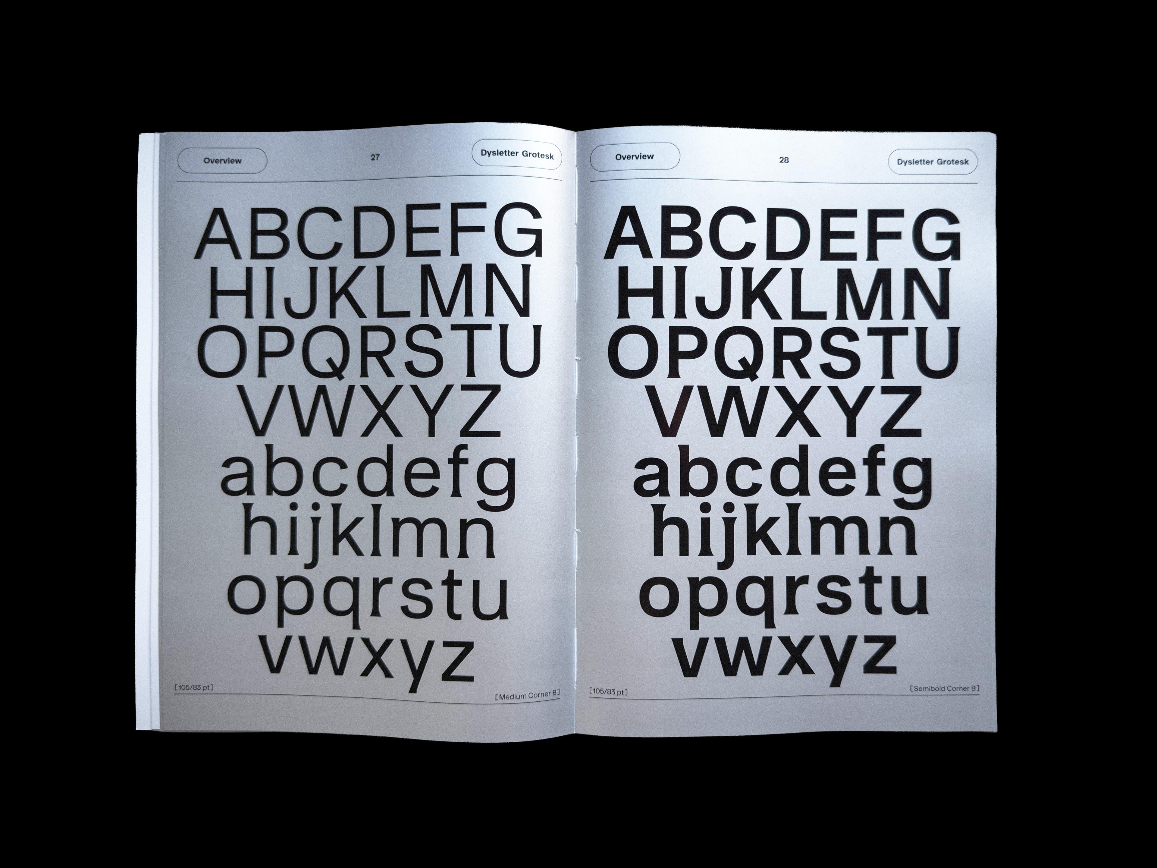 Open Dysletter Grotesk specimen book showing construction and weight variations for lowercase f and a.