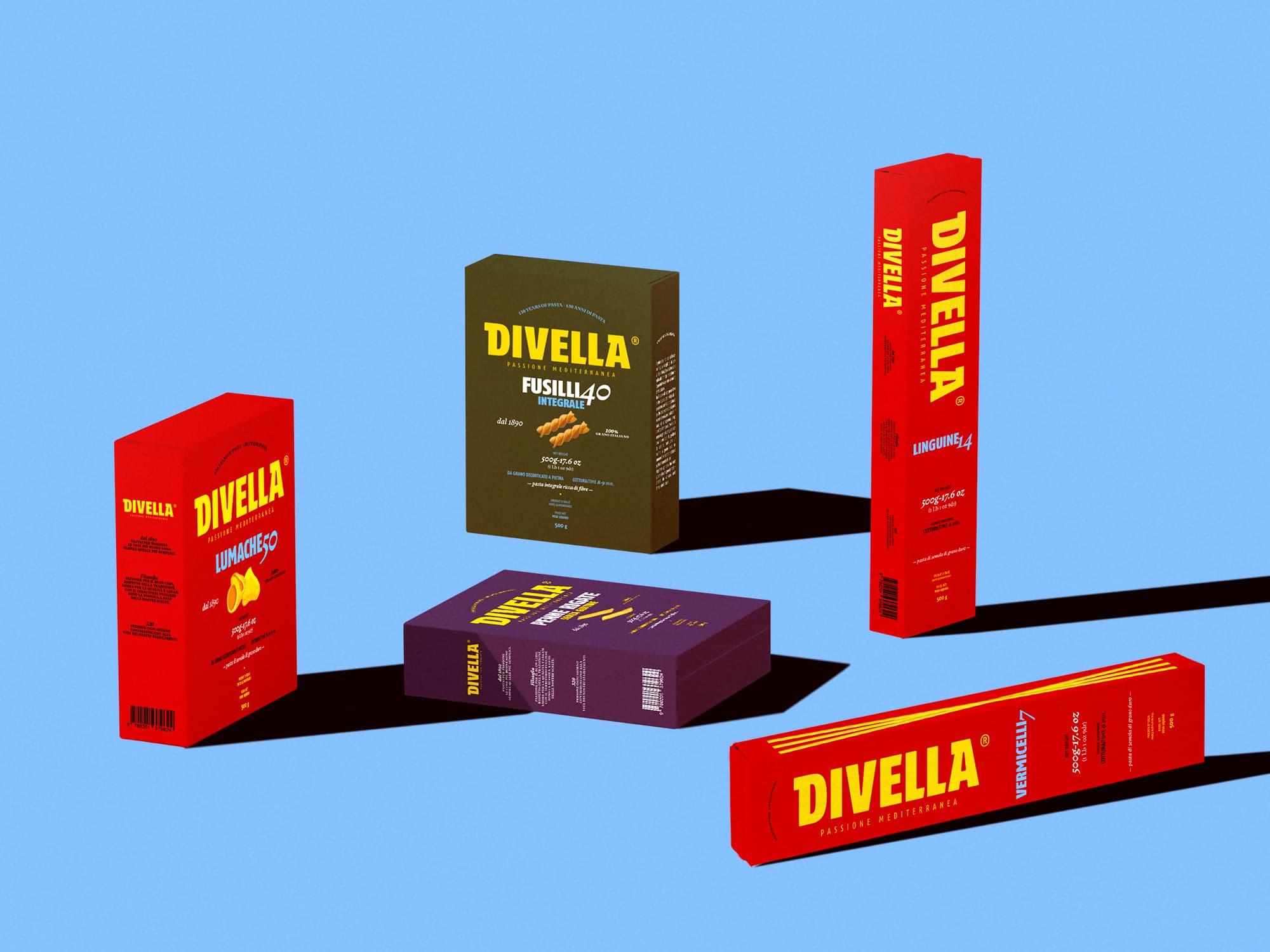 Divella pasta packages arranged against a blue background.