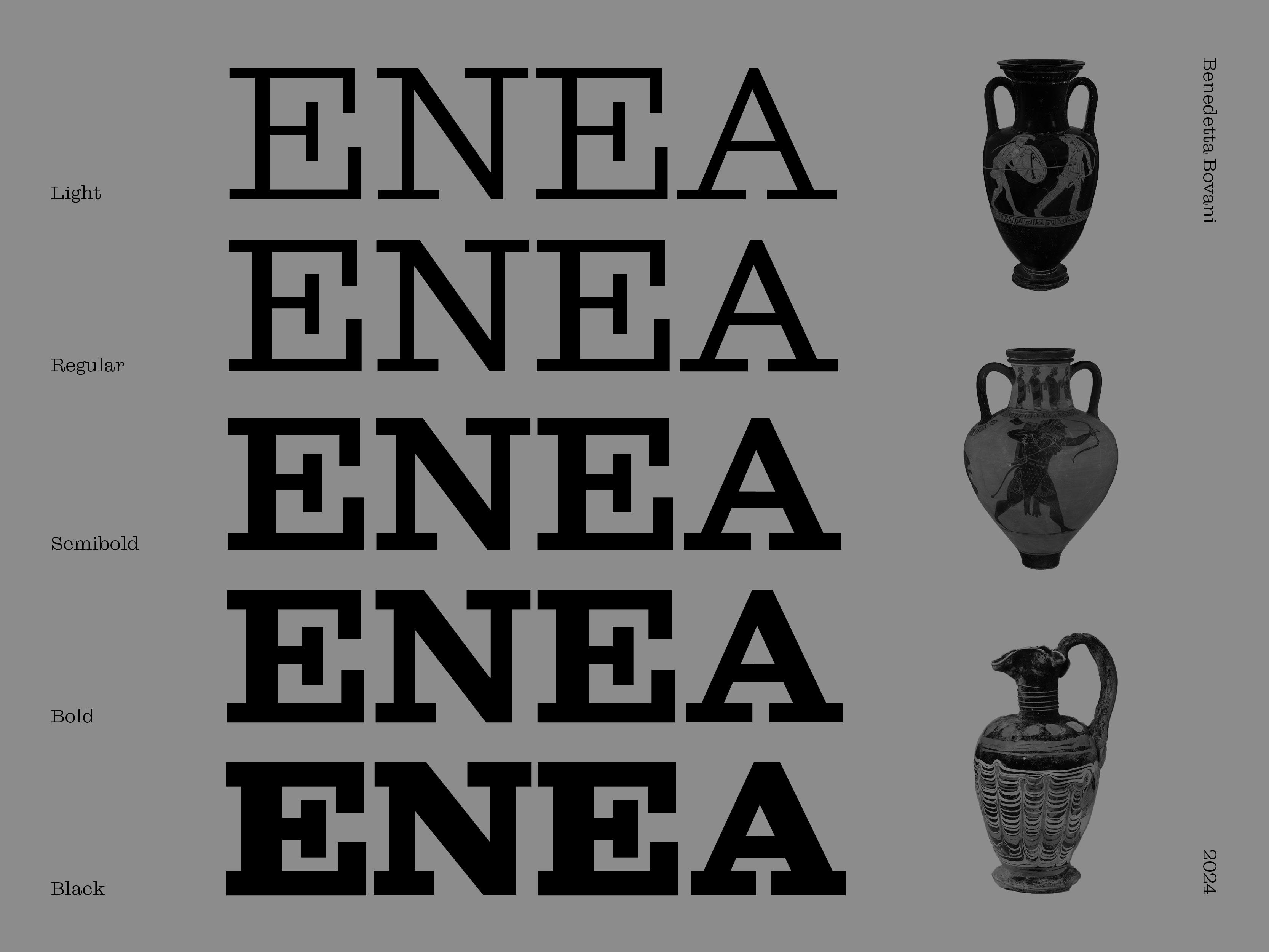 Enea type specimen poster with black lettering and classical vases.
