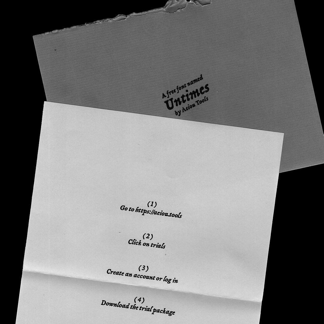 Folded Untimes trial-package instruction sheet with a grey envelope.