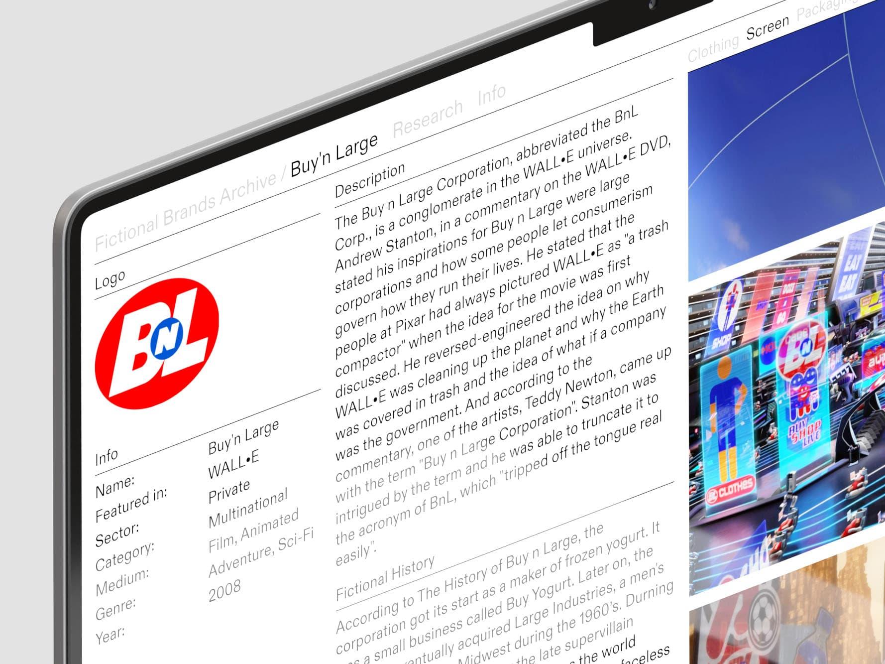 Fictional Brands Archive interface showing a detailed Buy’n Large brand entry on a computer screen.