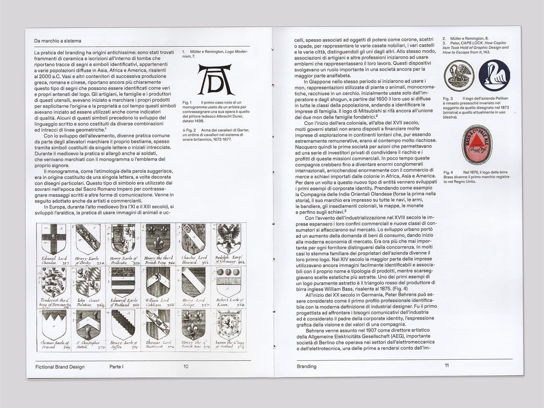 Open Fictional Brand Design book spread about heraldic symbols and historical branding examples.