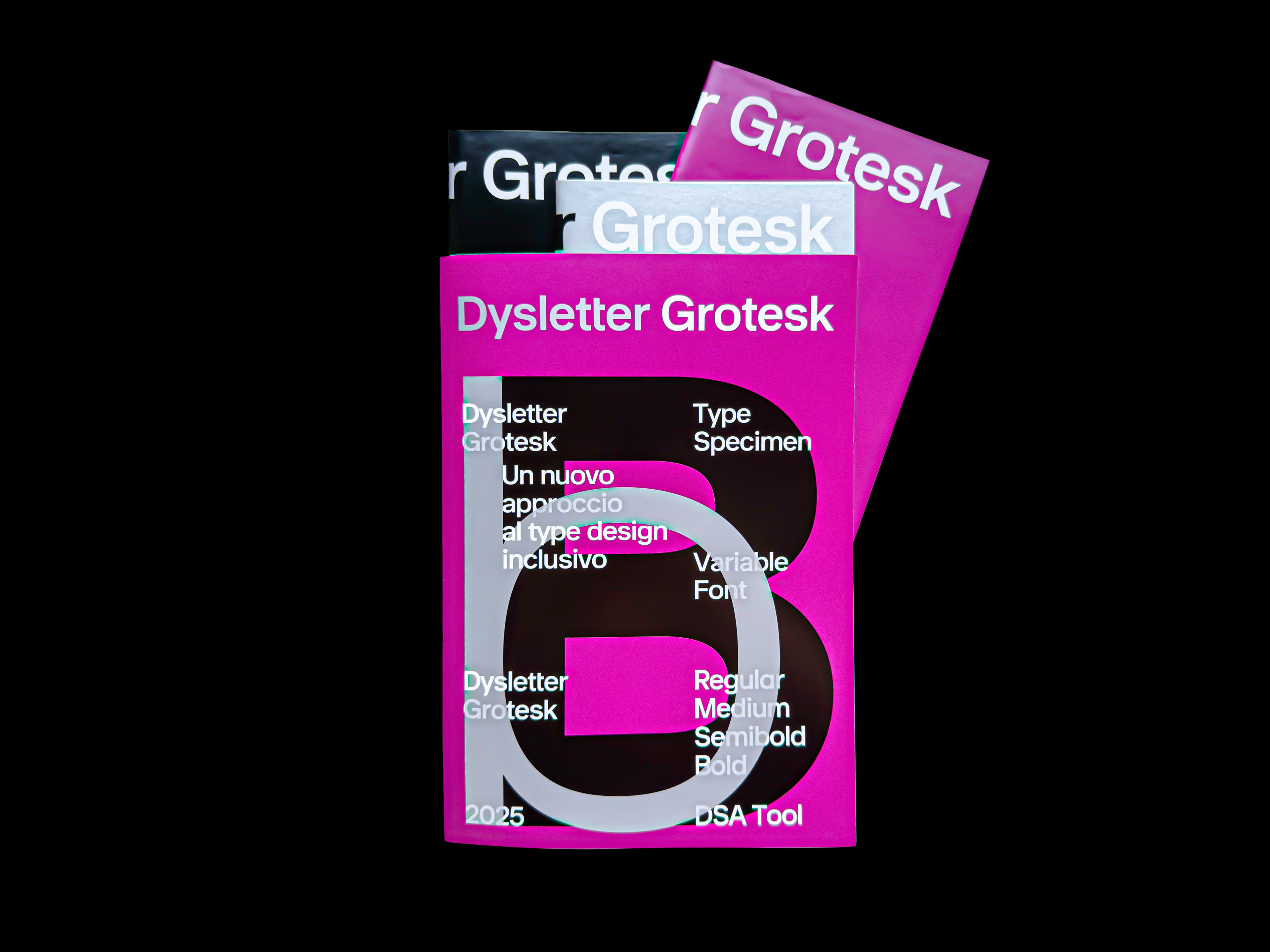 Black poster with a magenta and purple Dysletter Grotesk type specimen.