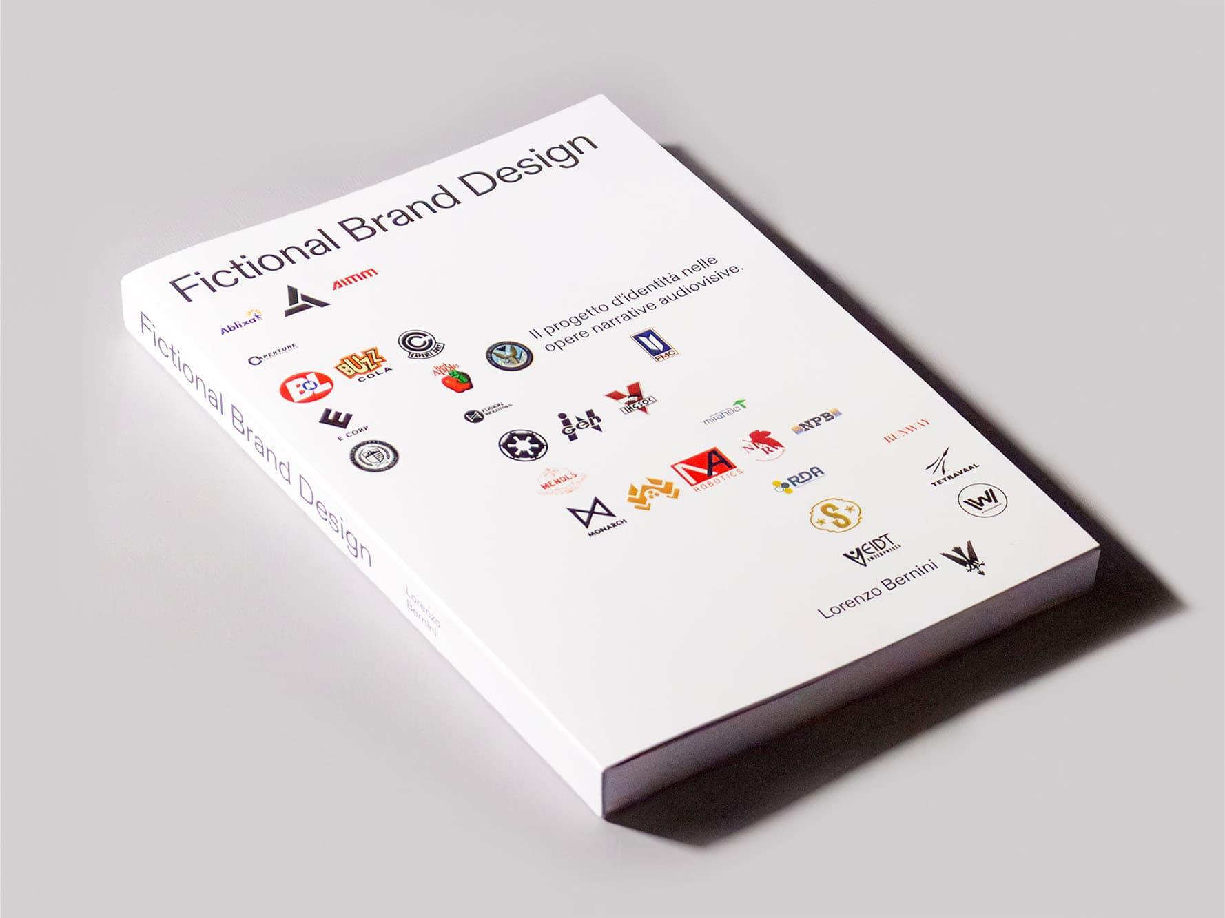 Fictional Brand Design book cover displaying a grid of colorful fictional brand logos.