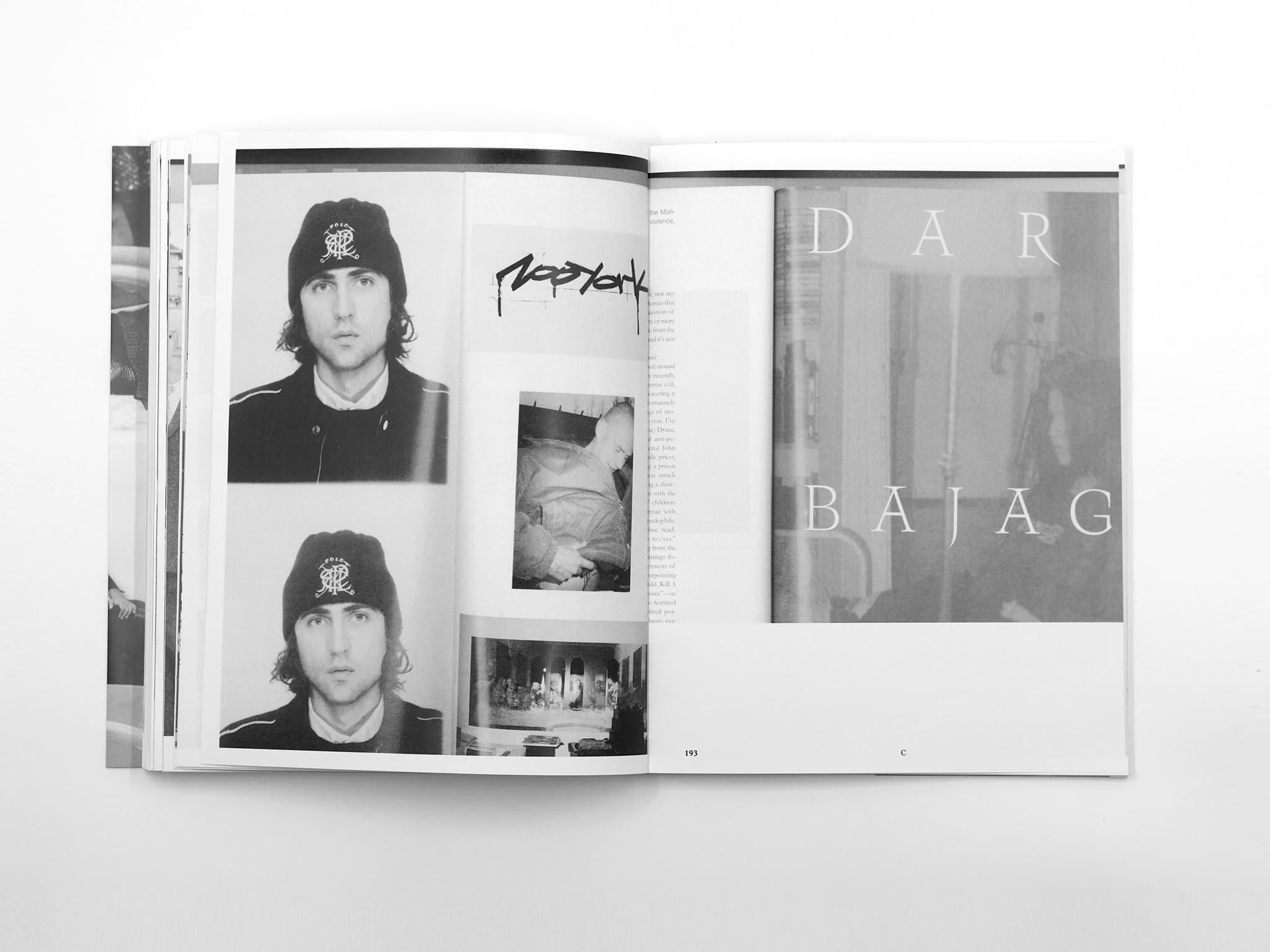 Open Voltare pagina book spread with portrait photographs and a translucent page reading “Dara Bajagi.”