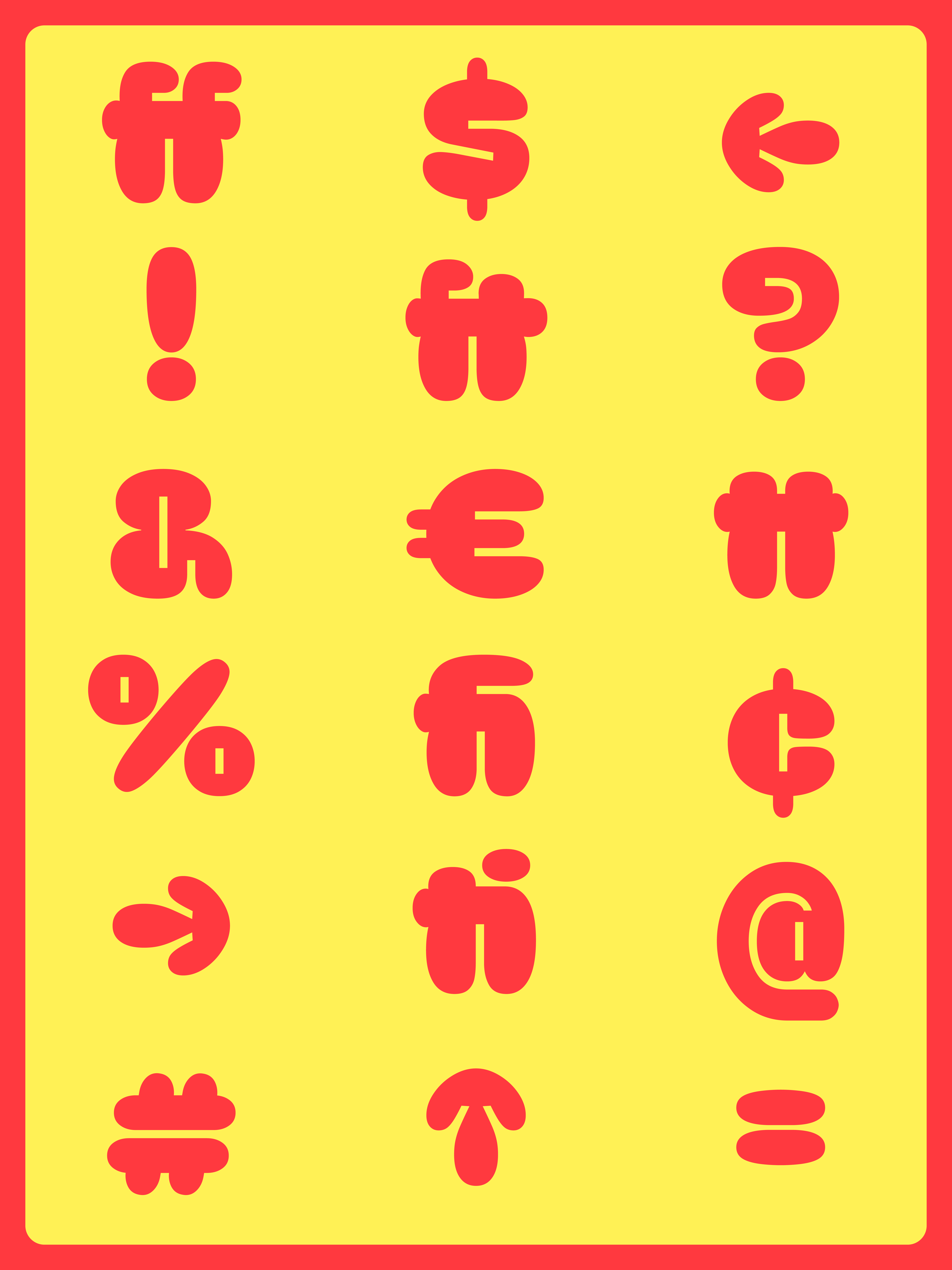 Yellow character-set poster with red Burghi glyphs and symbols.