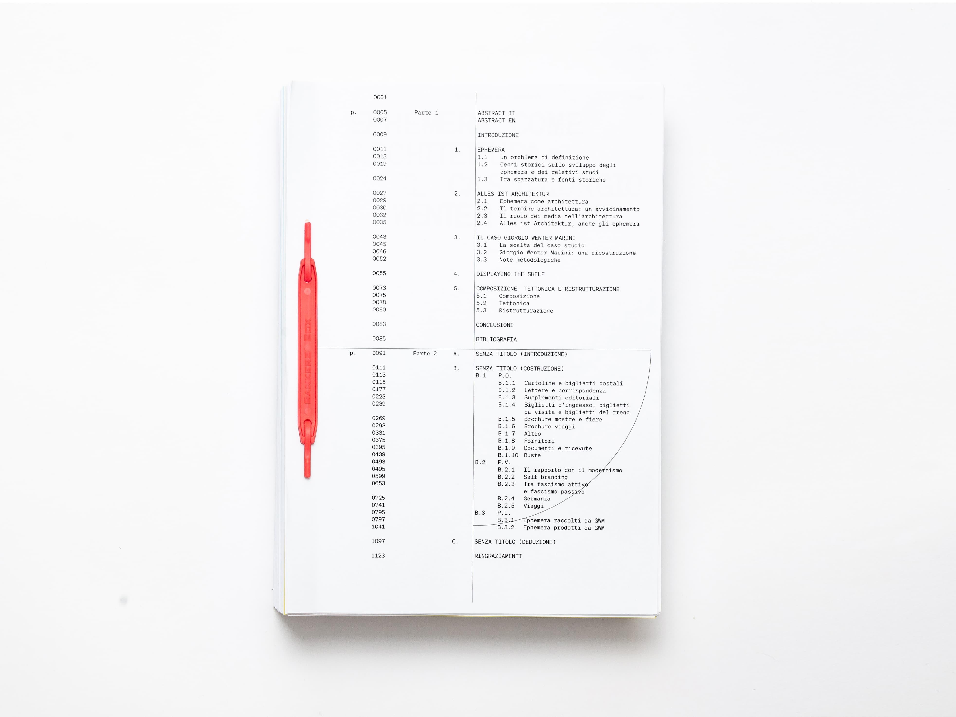 White Ephemera publication opened to a contents page with a red binding element.