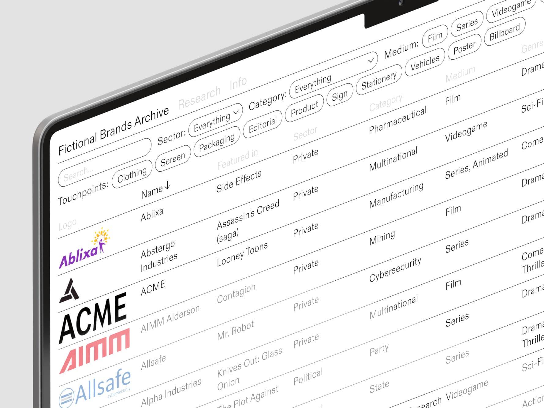 Fictional Brands Archive interface showing a searchable list of fictional brands and filtering controls.