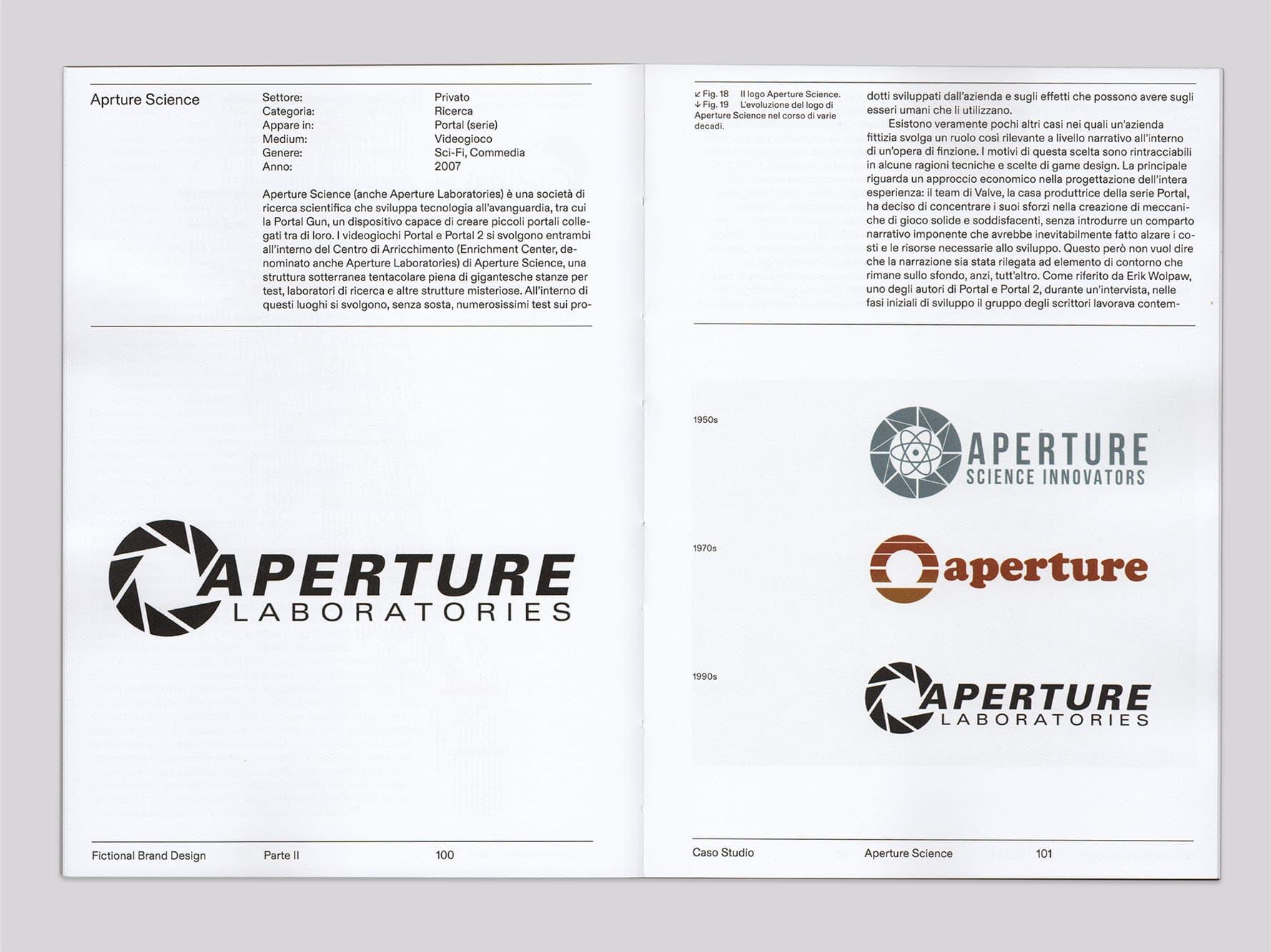 Open Fictional Brand Design book spread about Aperture Science with a large black logo and logo history.