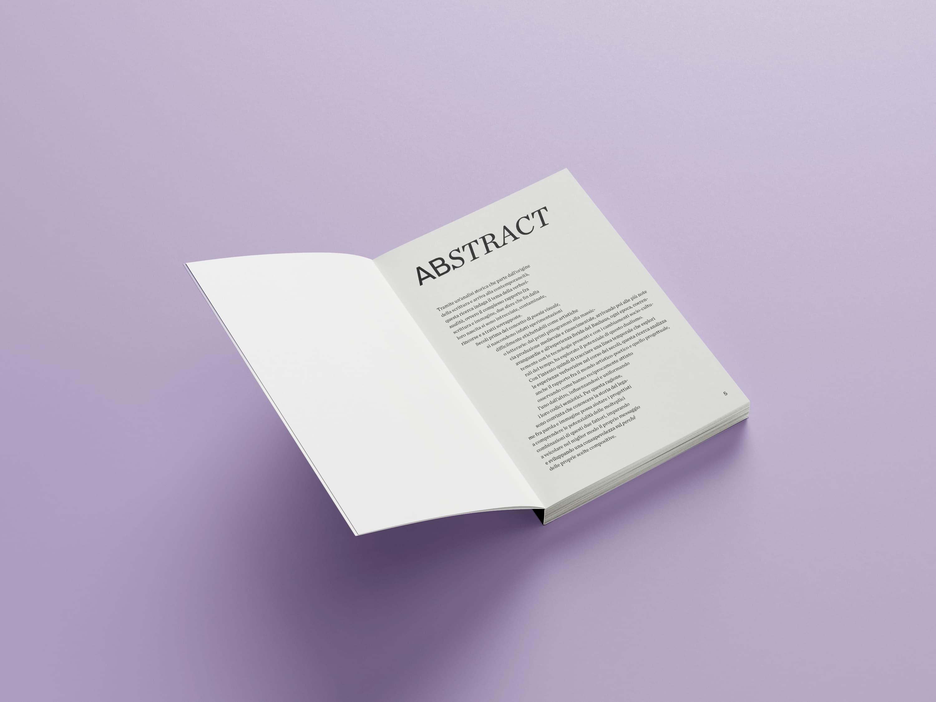 Open Trasformazioni verbovisive book showing an “Abstract” page on a pale purple surface.