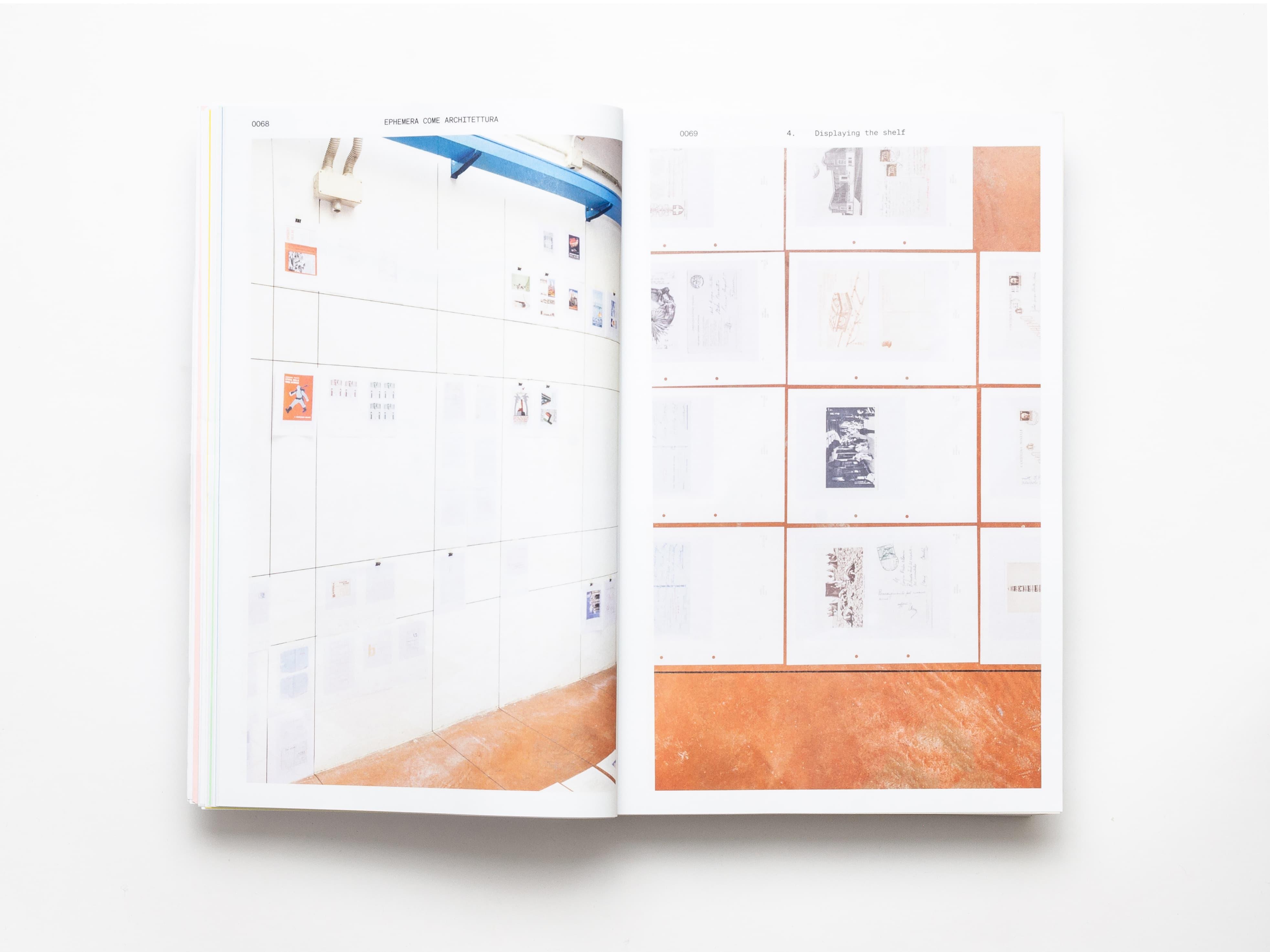 Open Ephemera publication spread showing exhibition documents in a wall grid.