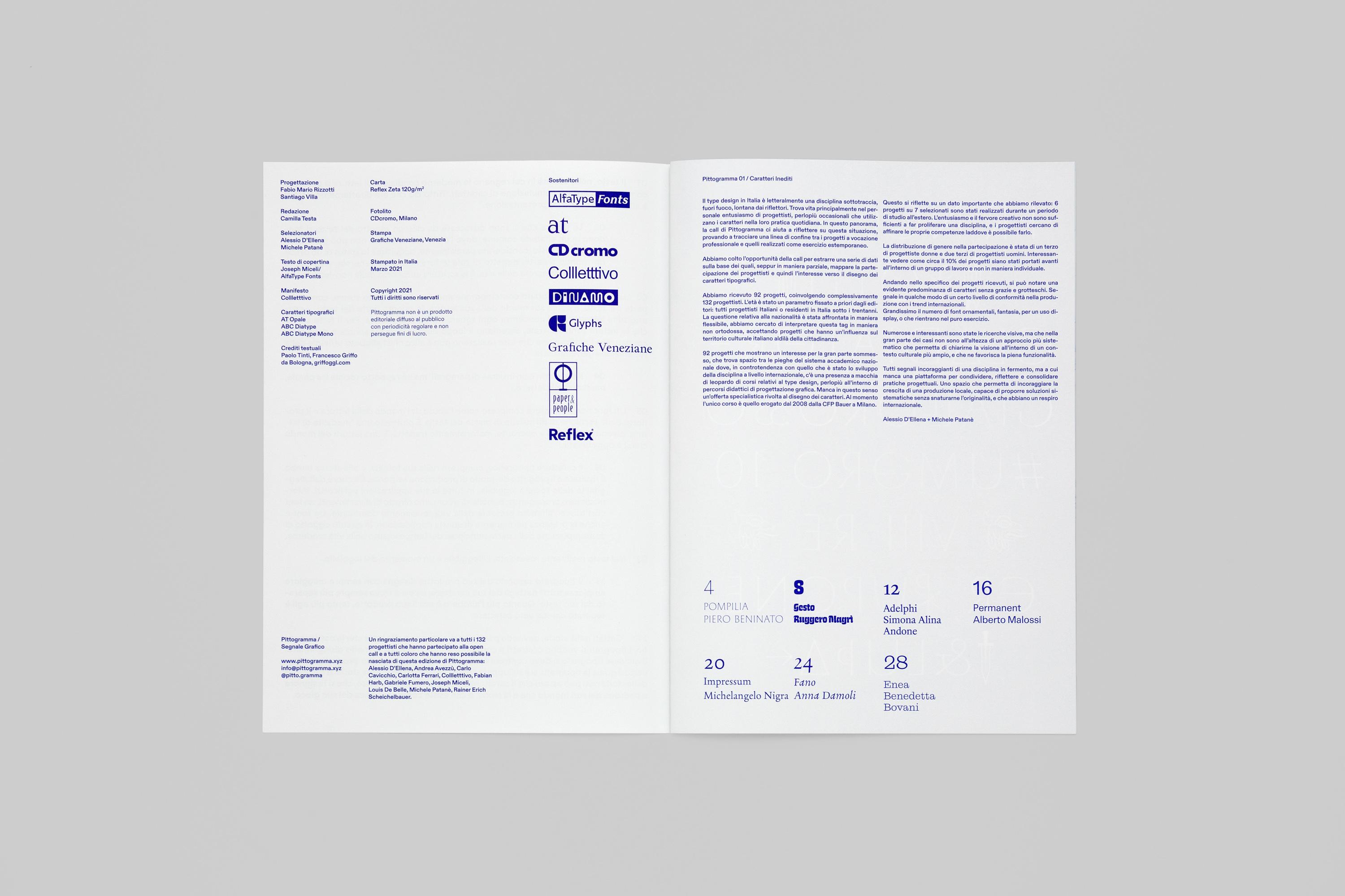 Open Pittogramma 01 showing its colophon and a right-hand essay page about type design in Italy.