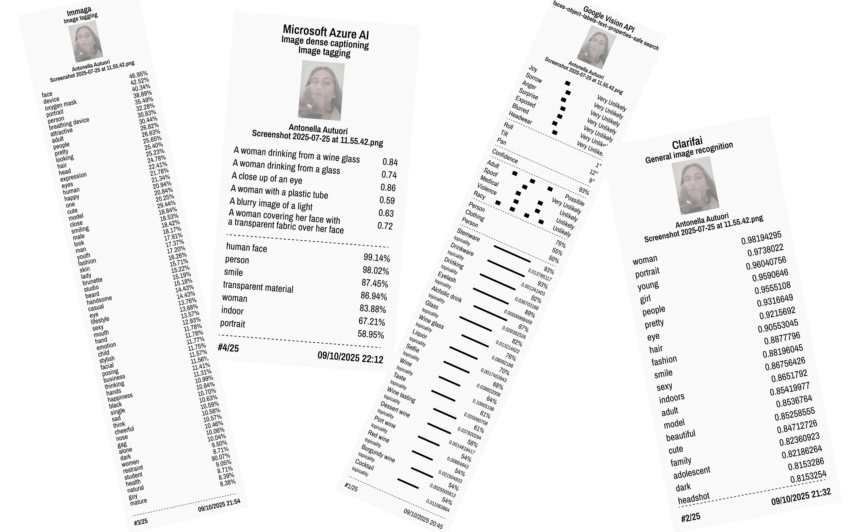 Printouts of image-recognition labels from Imagga, Microsoft Azure AI, Google Vision API and Clarifai.