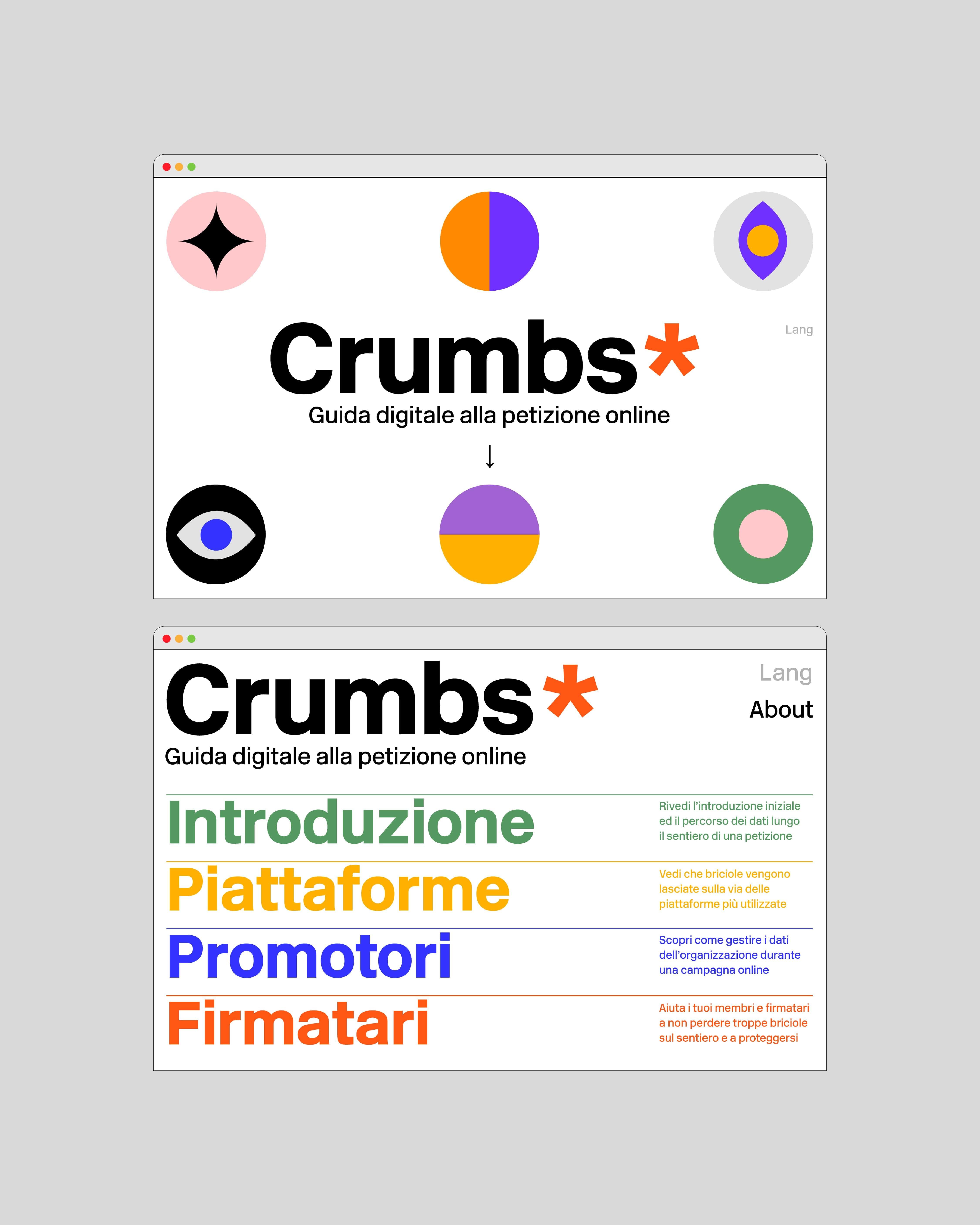 Crumbs* responsive website overview with colorful pages for the petition guide.