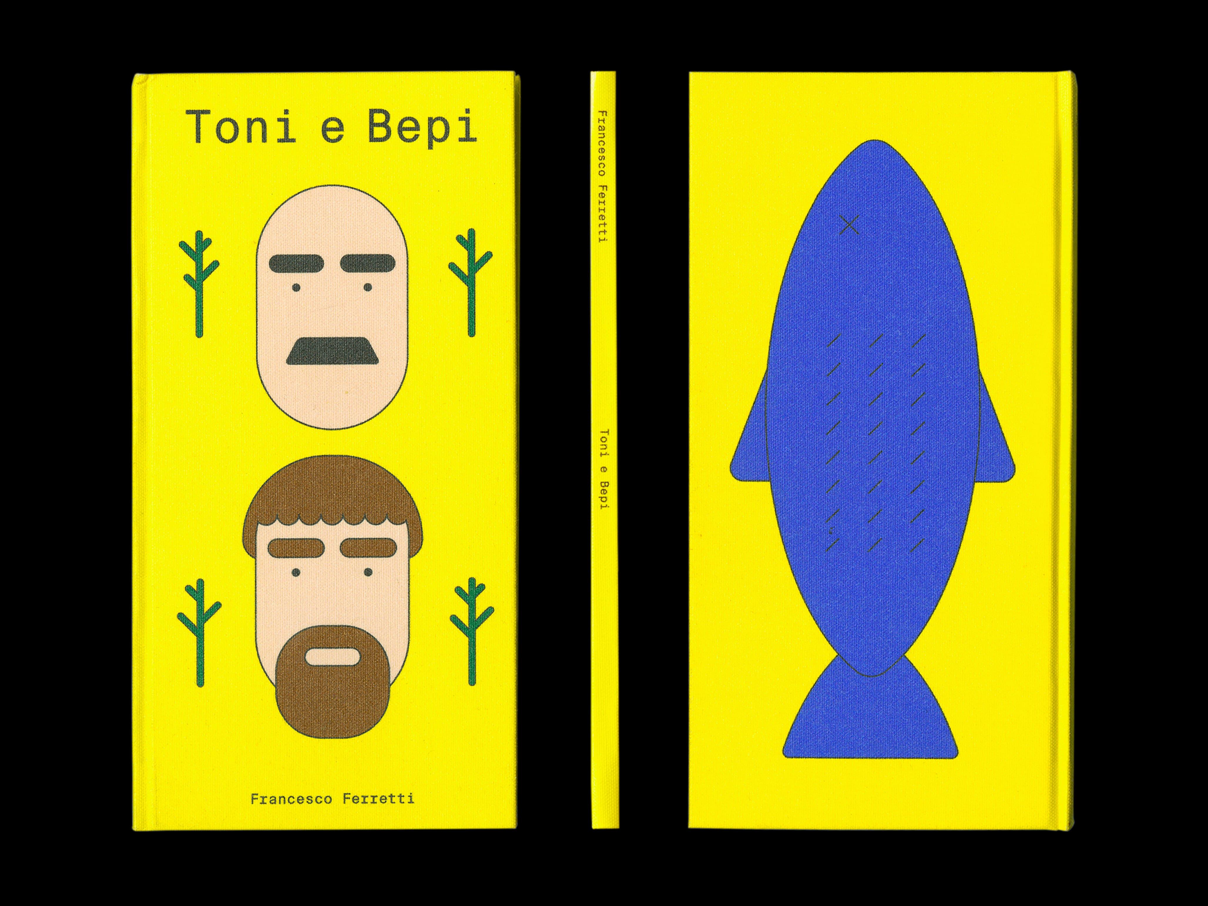 Yellow Toni e Bepi book with two simplified faces and a blue silhouette.