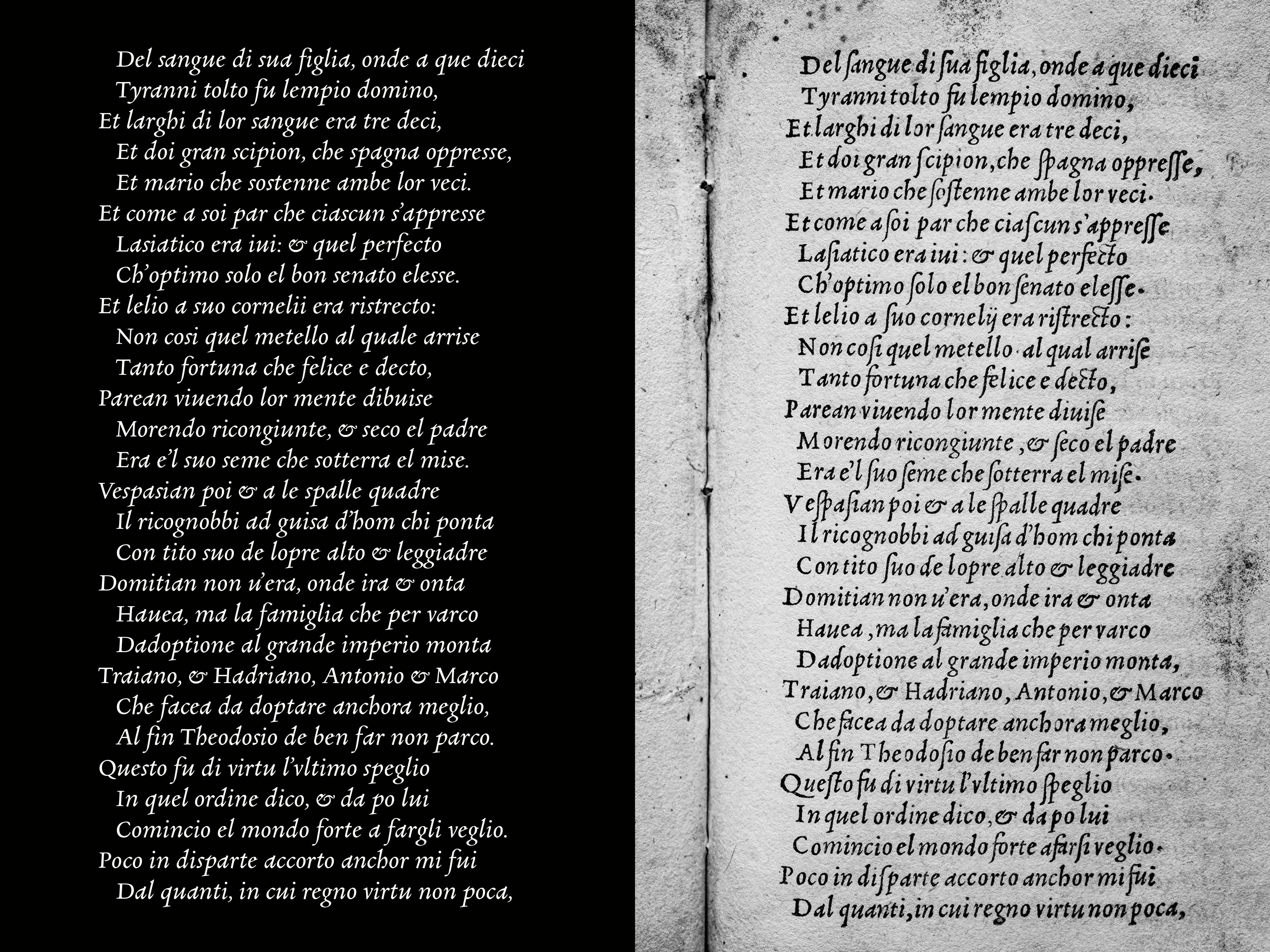 White Fano italic specimen on black with historical Italian text about Francesco Griffo.