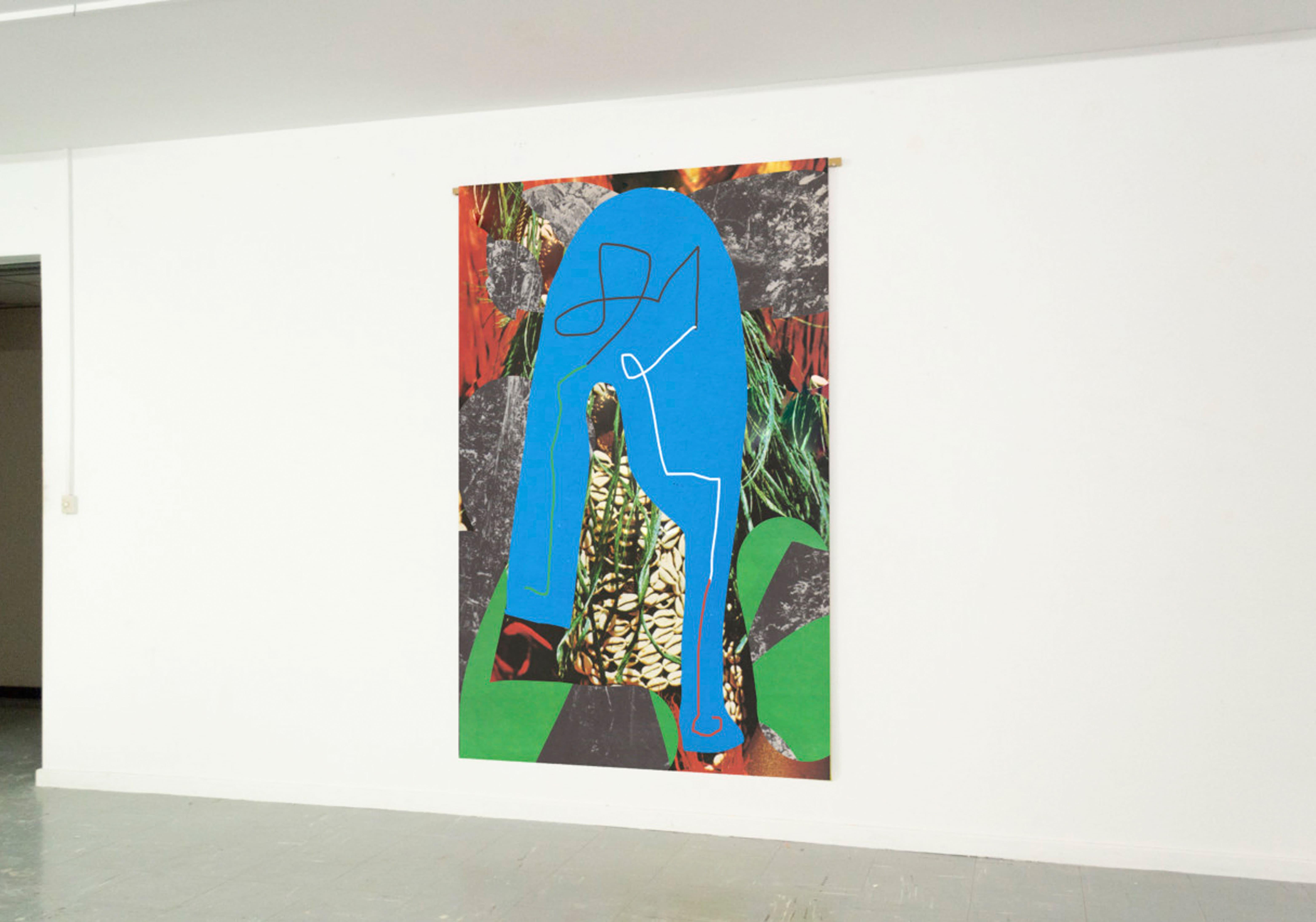 Blue figure illustration displayed on a white gallery wall.