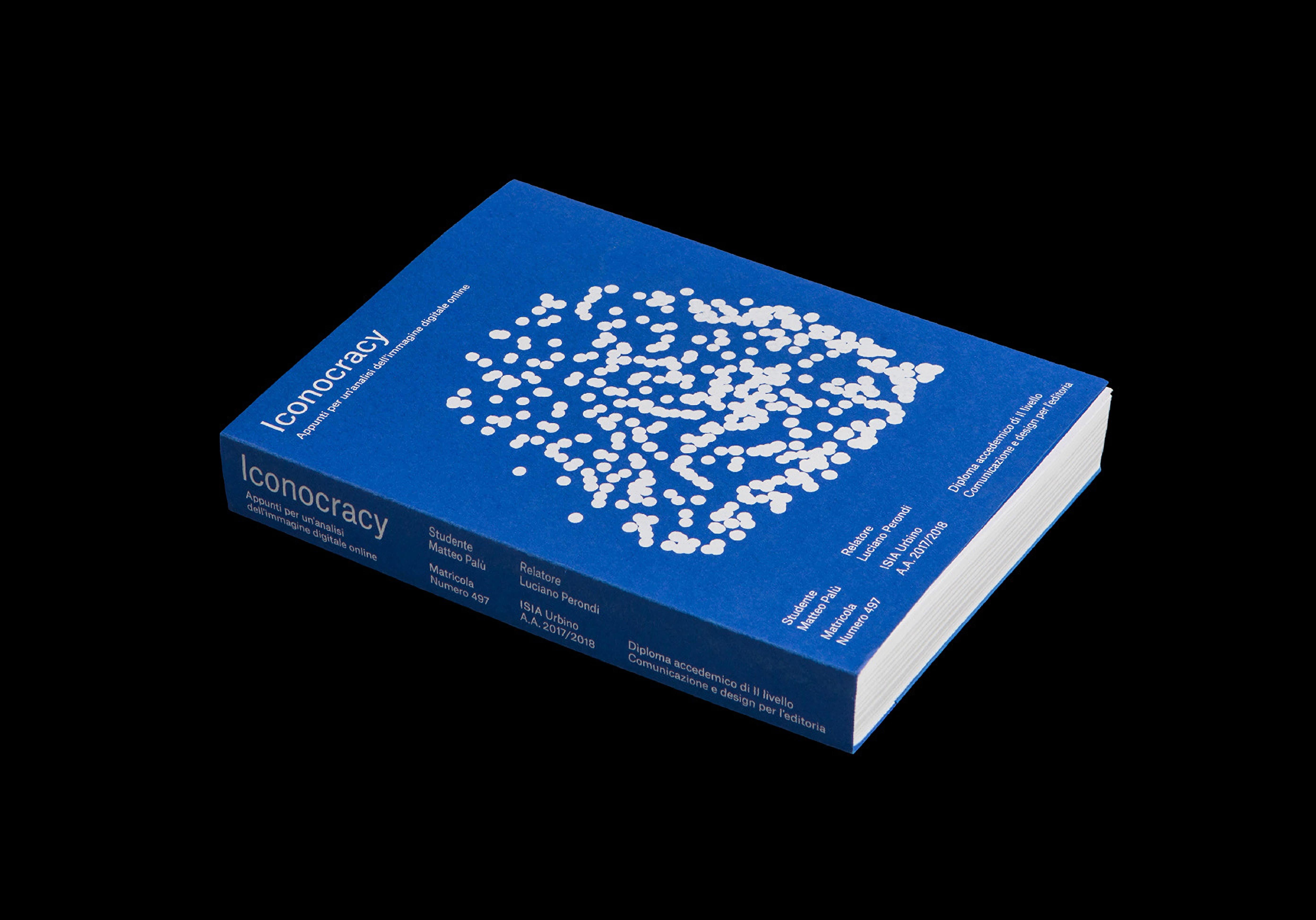 Blue Iconocracy book with a white pixel-like pattern.