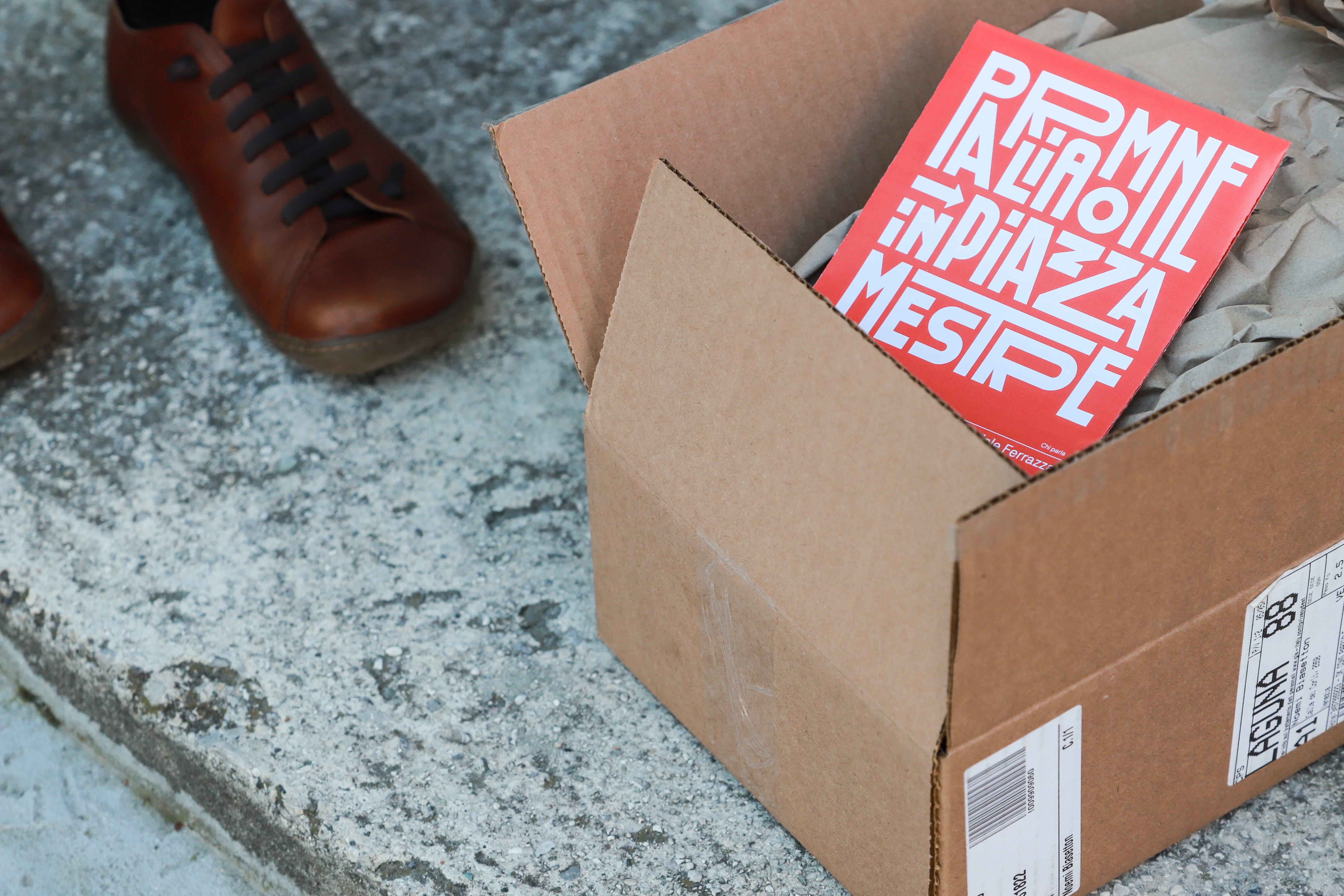 Open cardboard box containing a red Parliamone in Piazza book.