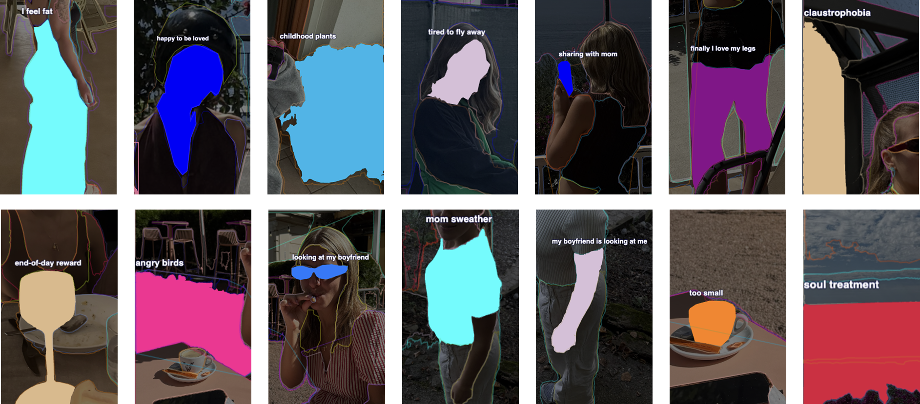 Annotated image fragments with labels such as "I feel fat," "happy to be loved," and "my boyfriend is looking at me."