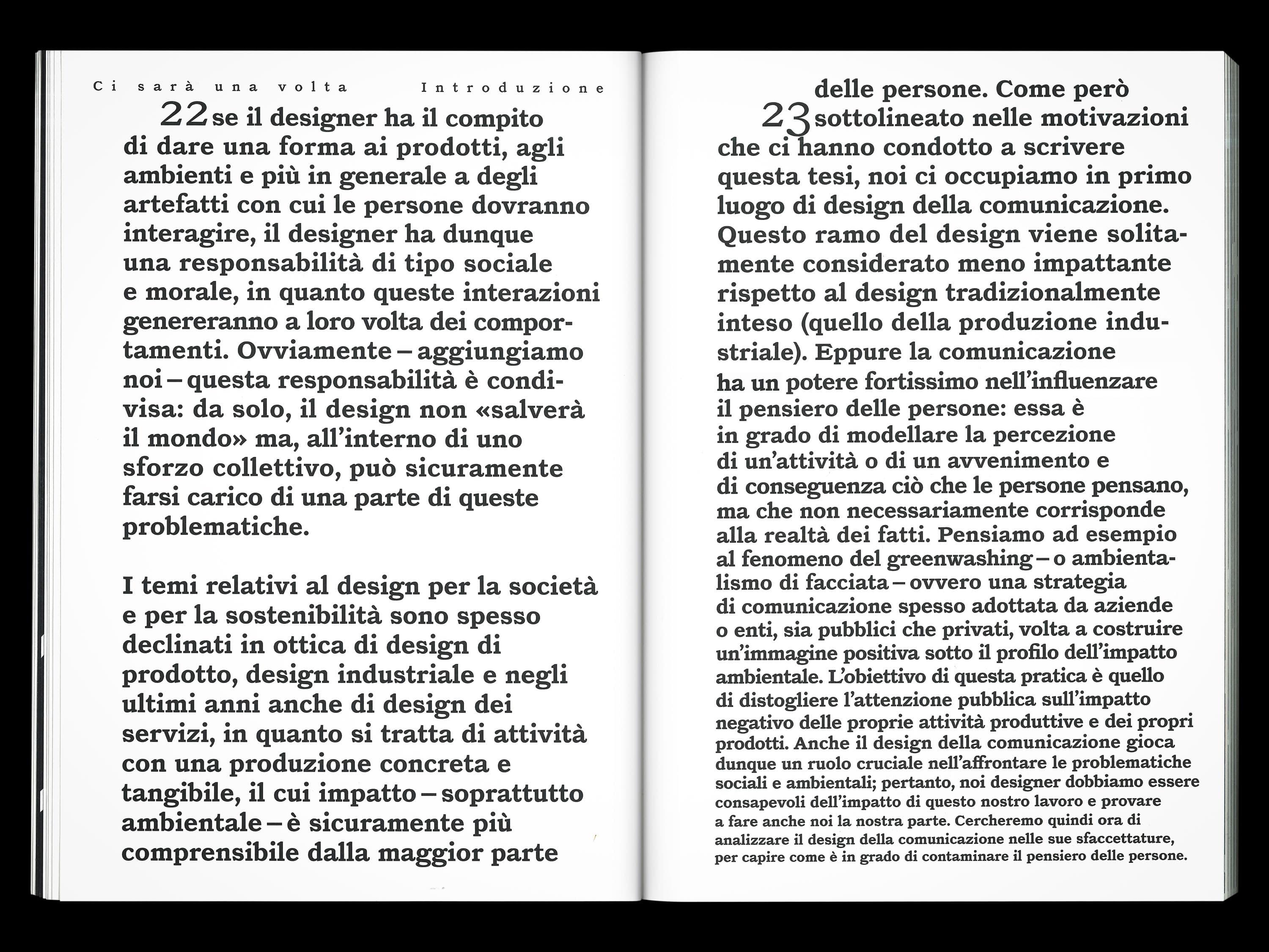 Open Ci sarà una volta book spread with Italian text about socially responsible design.