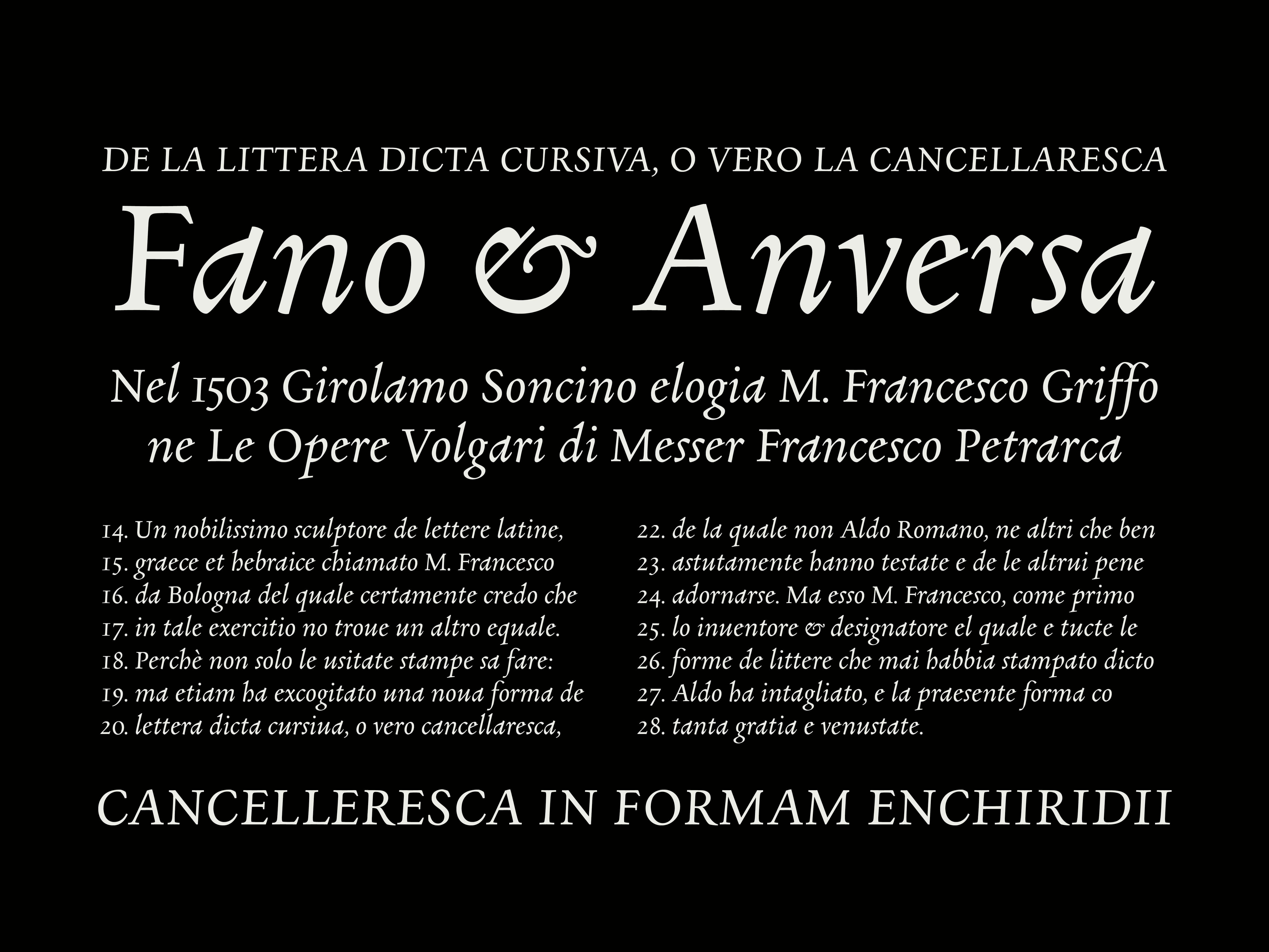 Outlined Fano italic letterforms spelling 'hambur' and 'gefoniv' on a dark background.