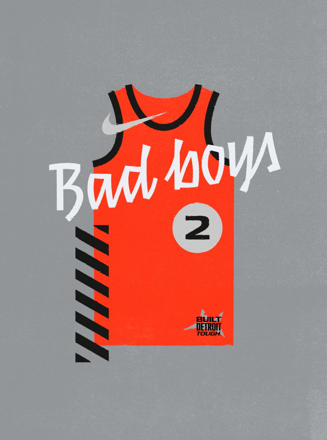 Grey poster with a red basketball jersey marked "Bad Boys" and number 2.
