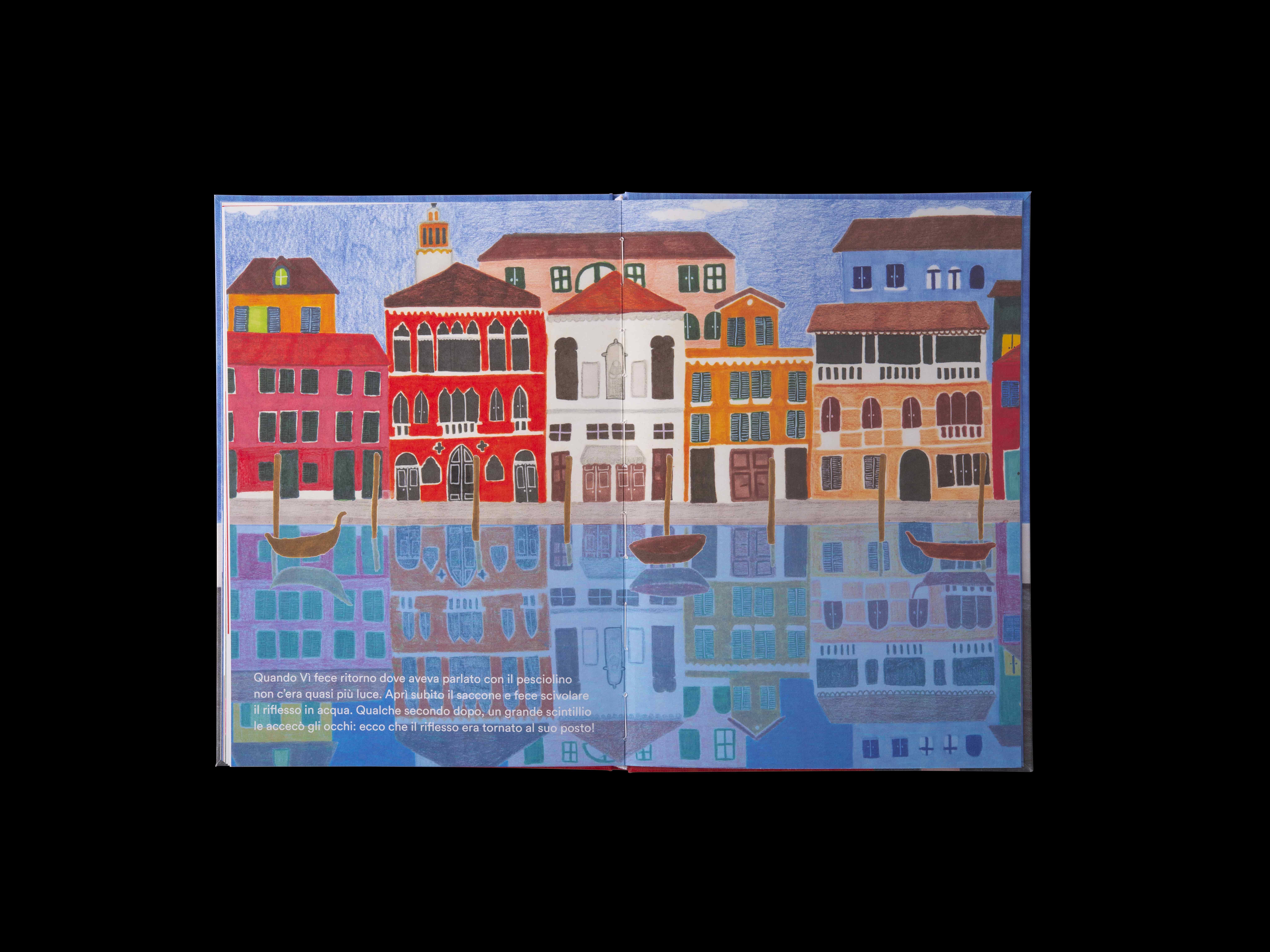 Illustrated book showing brightly coloured houses against black.