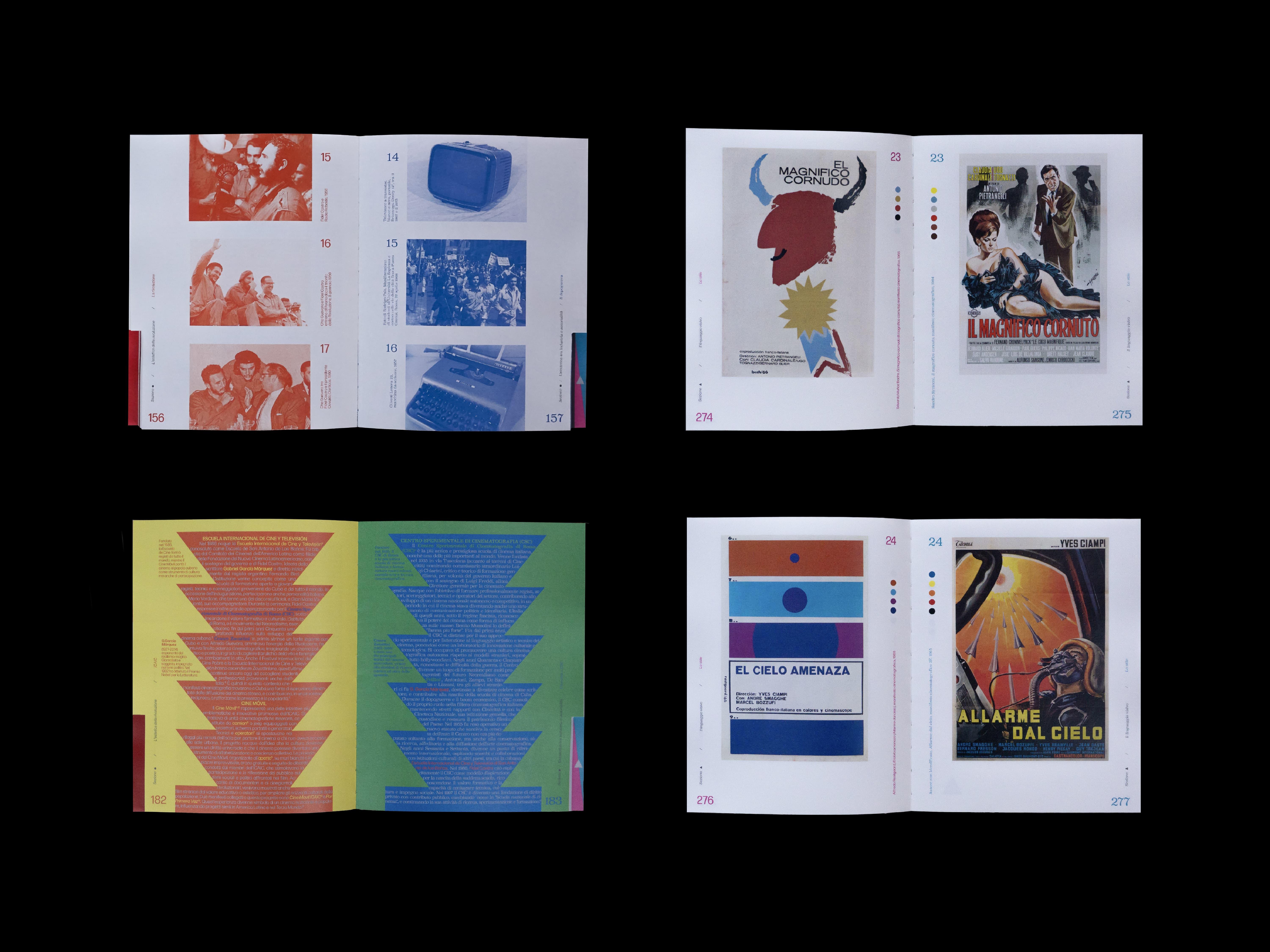 Four spreads on black comparing Cuban and Italian posters, photos and zigzag pattern pages.