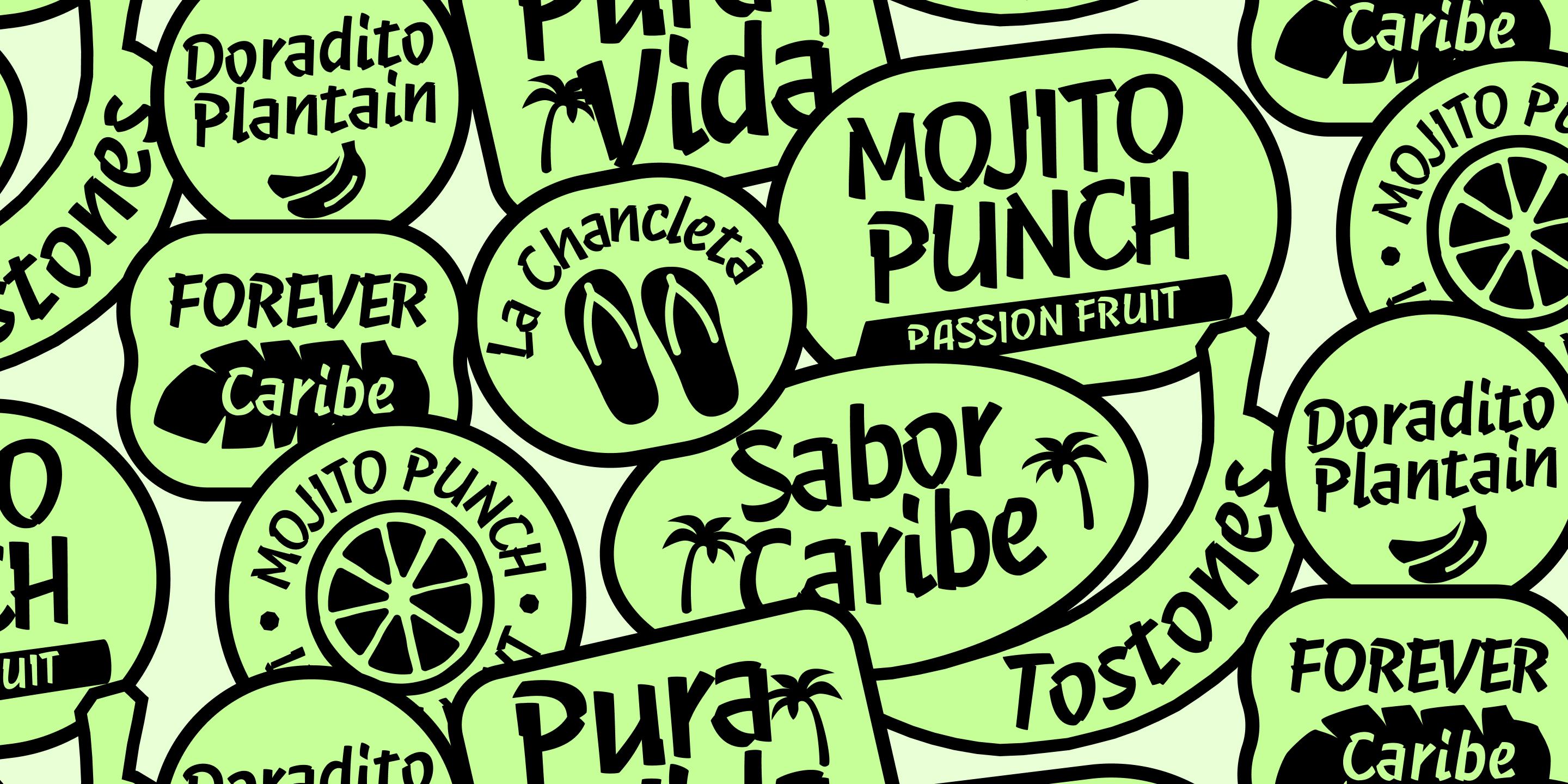 Repeated hand-drawn black labels with tropical drink names and icons on a lime-green background.