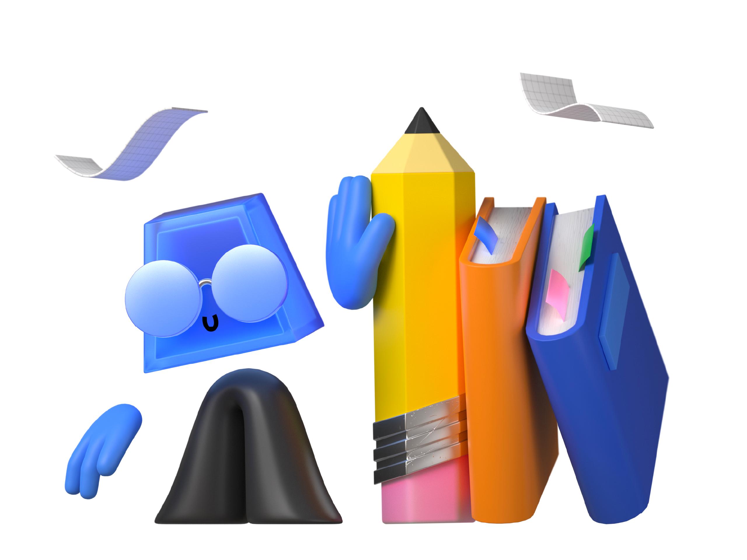 Colourful 3D figures, including a blue figure with glasses and a yellow pencil-shaped figure.
