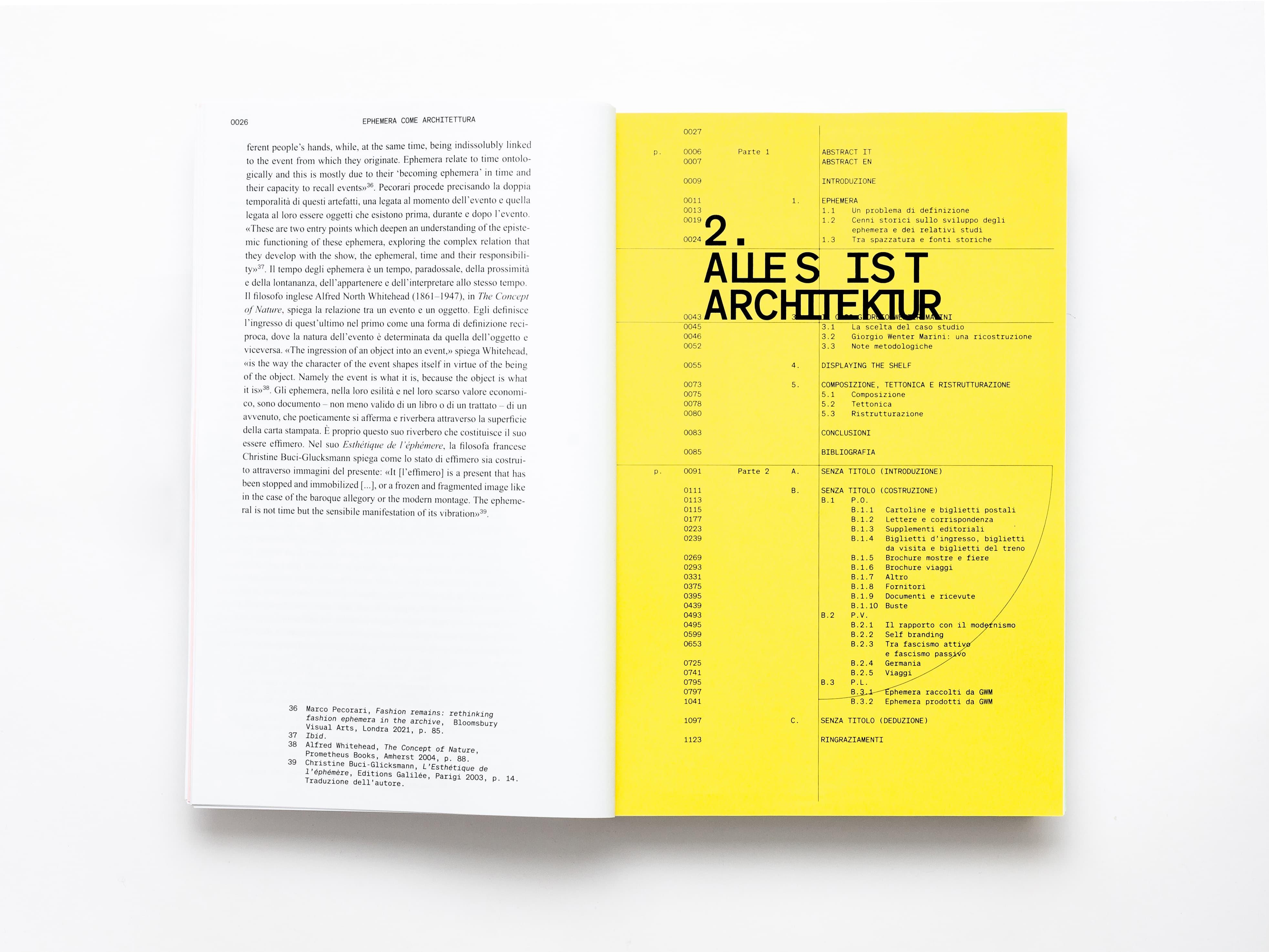 Open Ephemera publication spread with a yellow index page reading “Alles ist Architektur.”