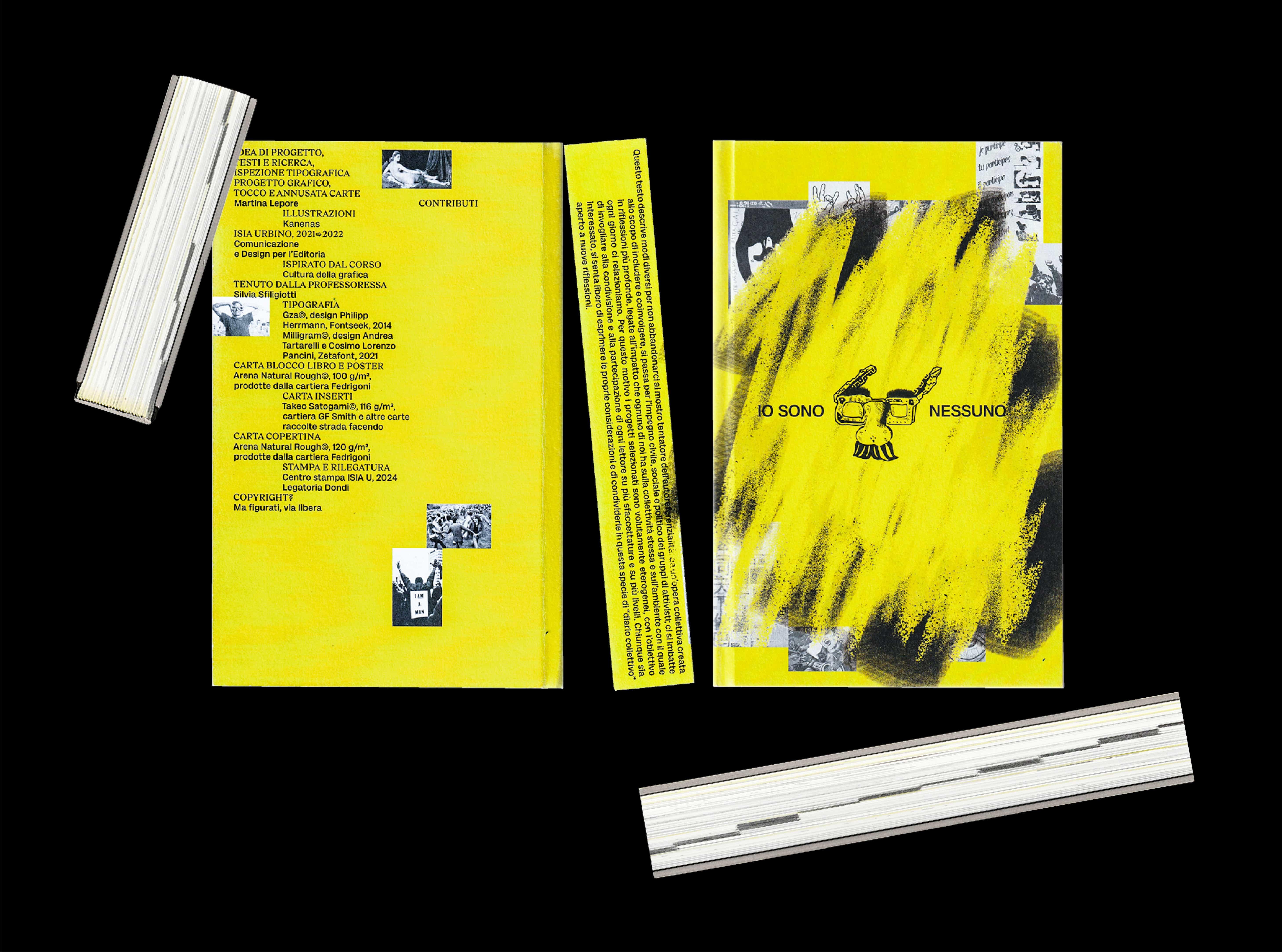 Open yellow and black publication with text, drawings and a photograph.