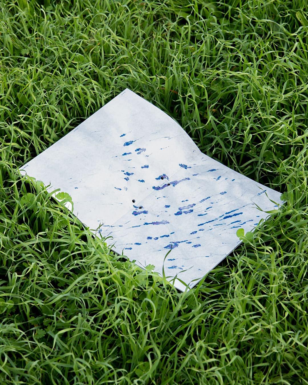 Moti dialogici publication page with blue marks printed on white paper in a grassy field.