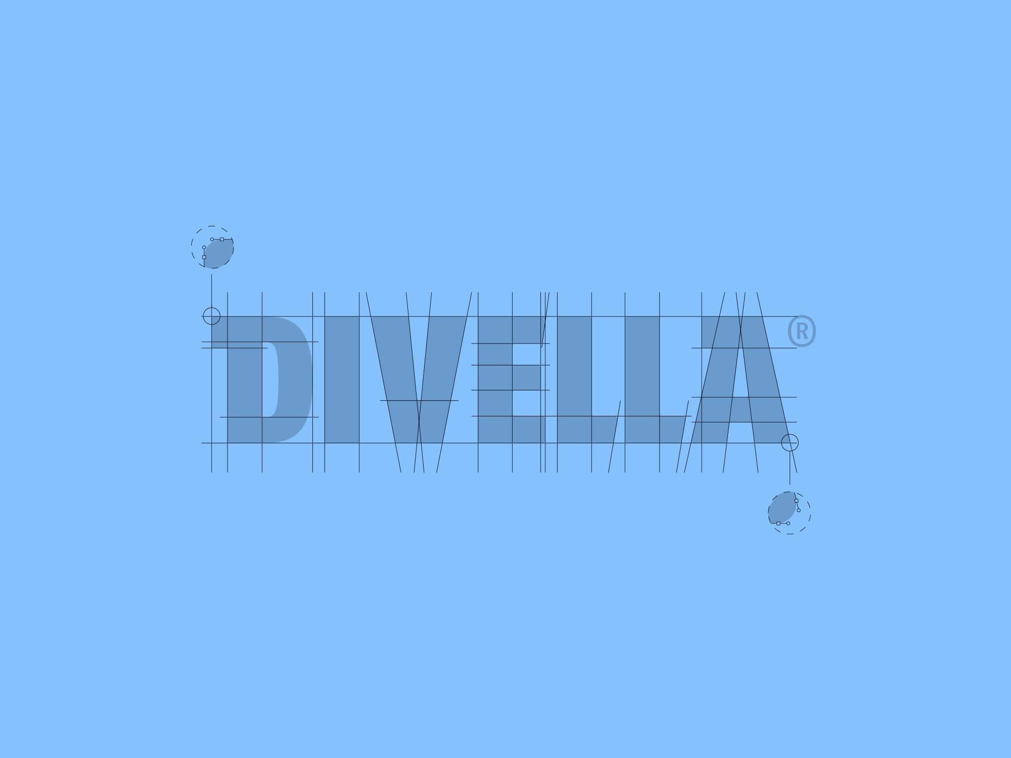Blue Divella wordmark shown as a typographic construction on a light blue background.