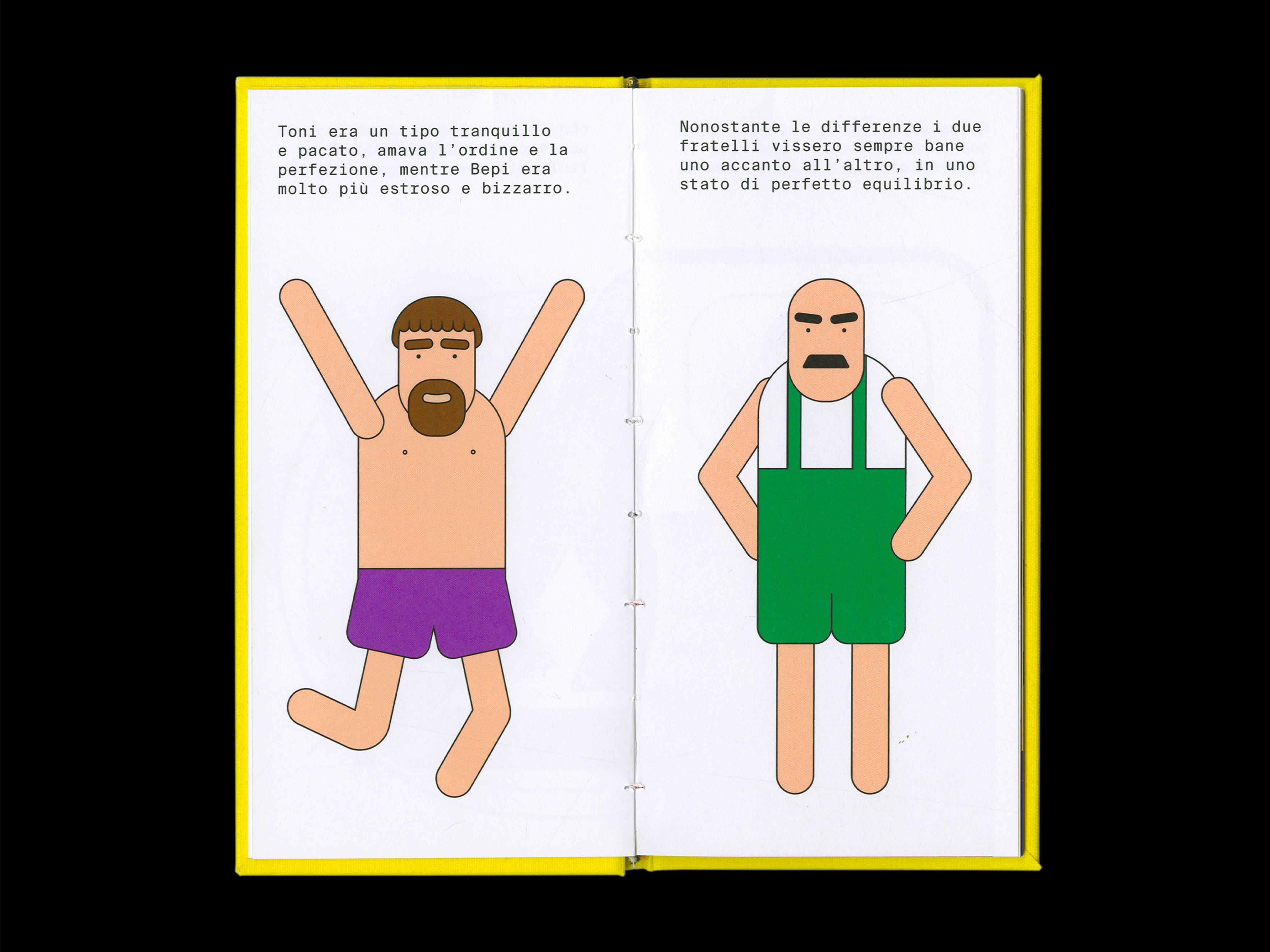 Open Toni e Bepi book spread showing the two brothers in colourful simplified figures.