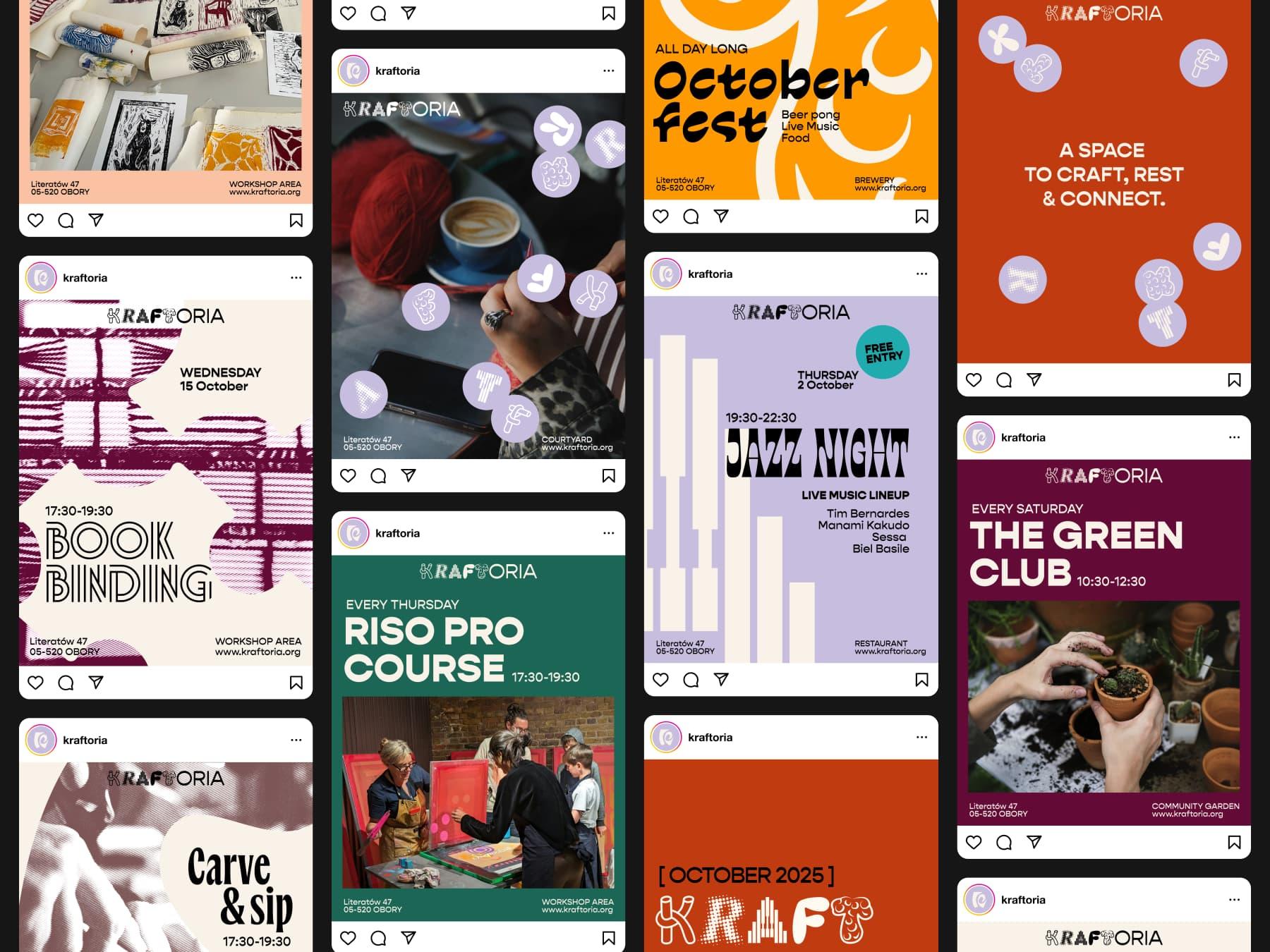 Kraftoria social media mockups for events, workshops and community activities.