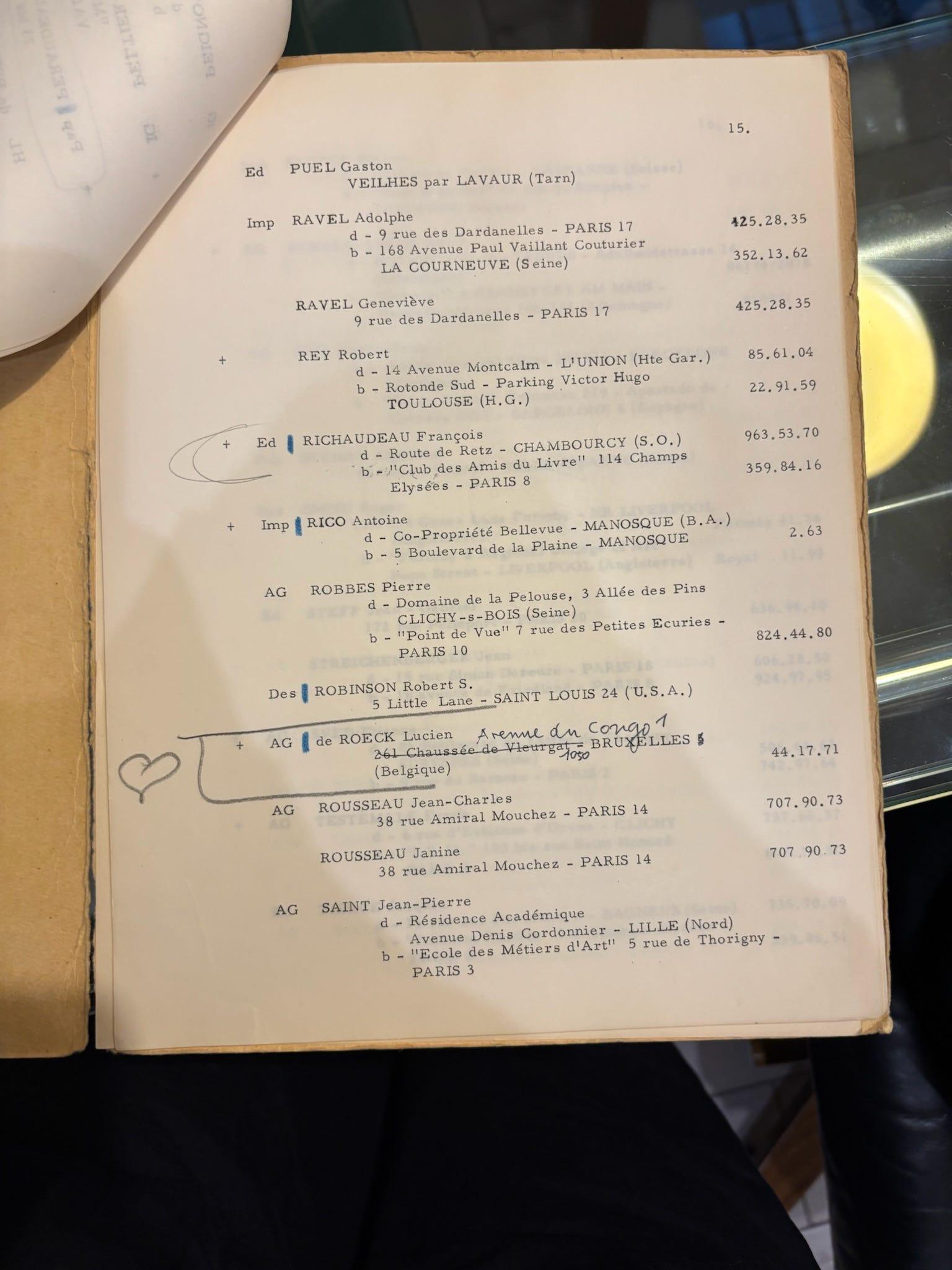 Open directory page listing names and addresses, marked with handwritten notes.