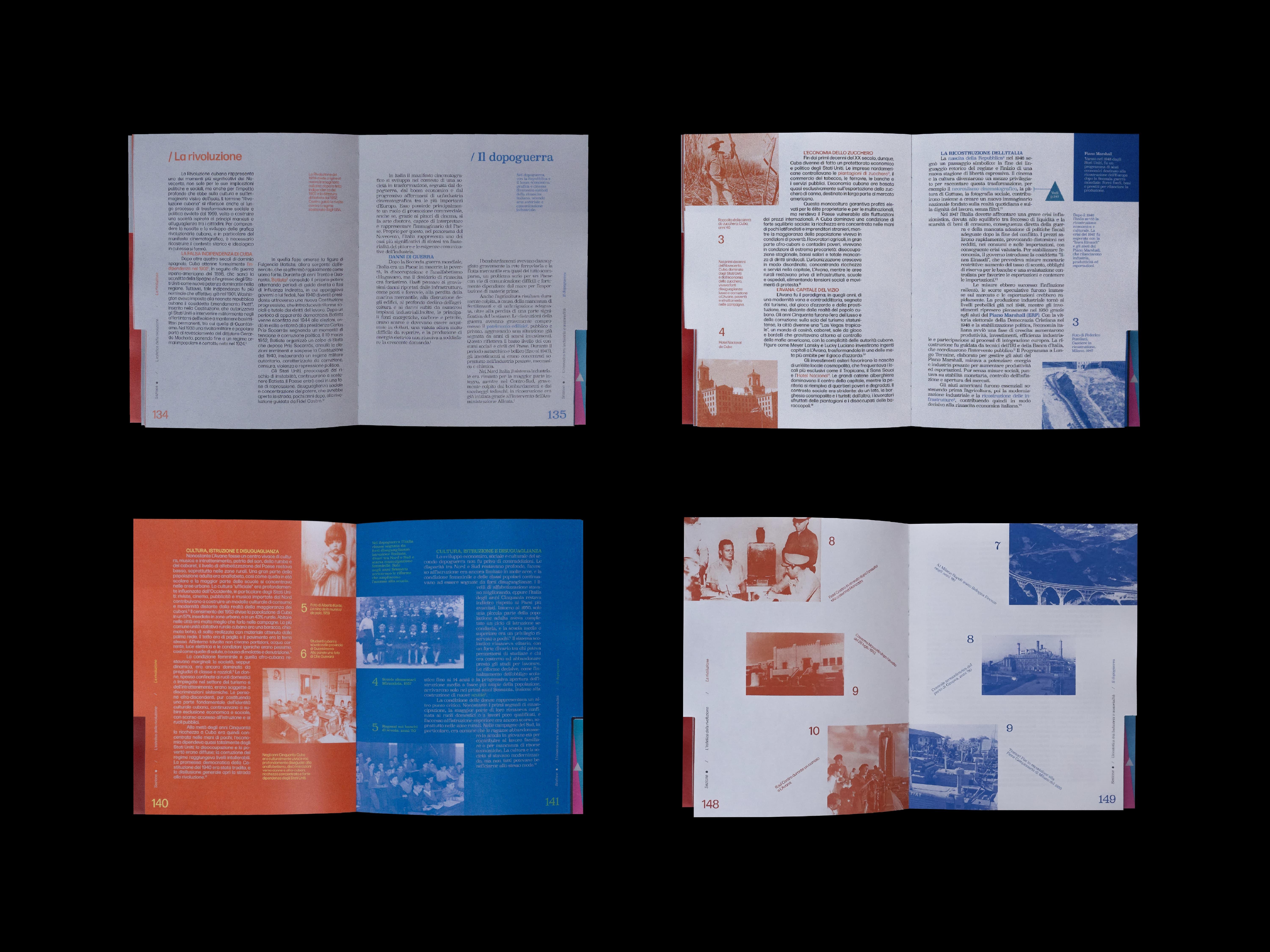 Four text-heavy spreads on black, illustrated with red and blue duotone archival photographs.