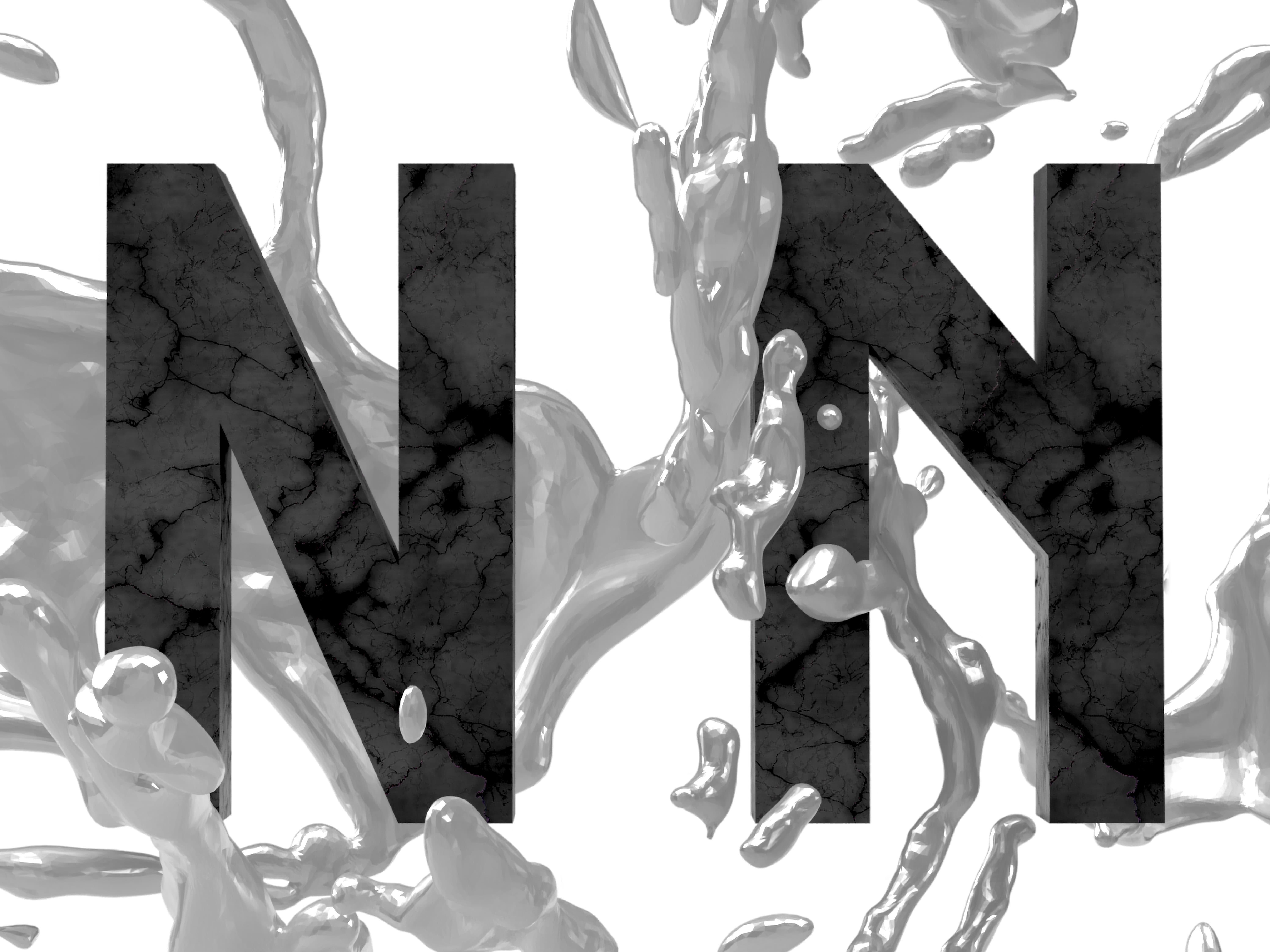 Black Torviscosa letterforms with silver liquid shapes.