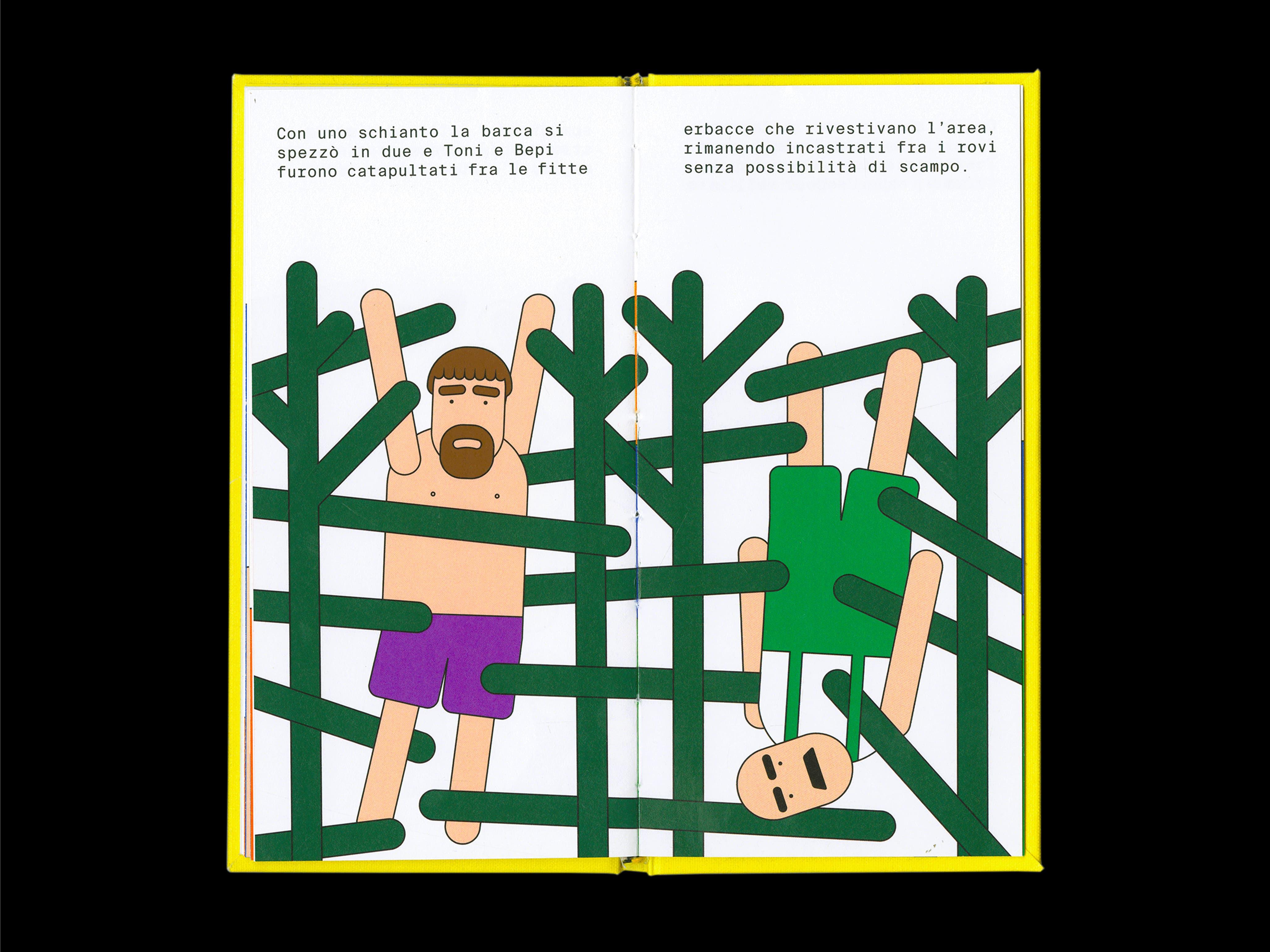 Open Toni e Bepi book spread showing the two brothers tangled among dark green reeds.