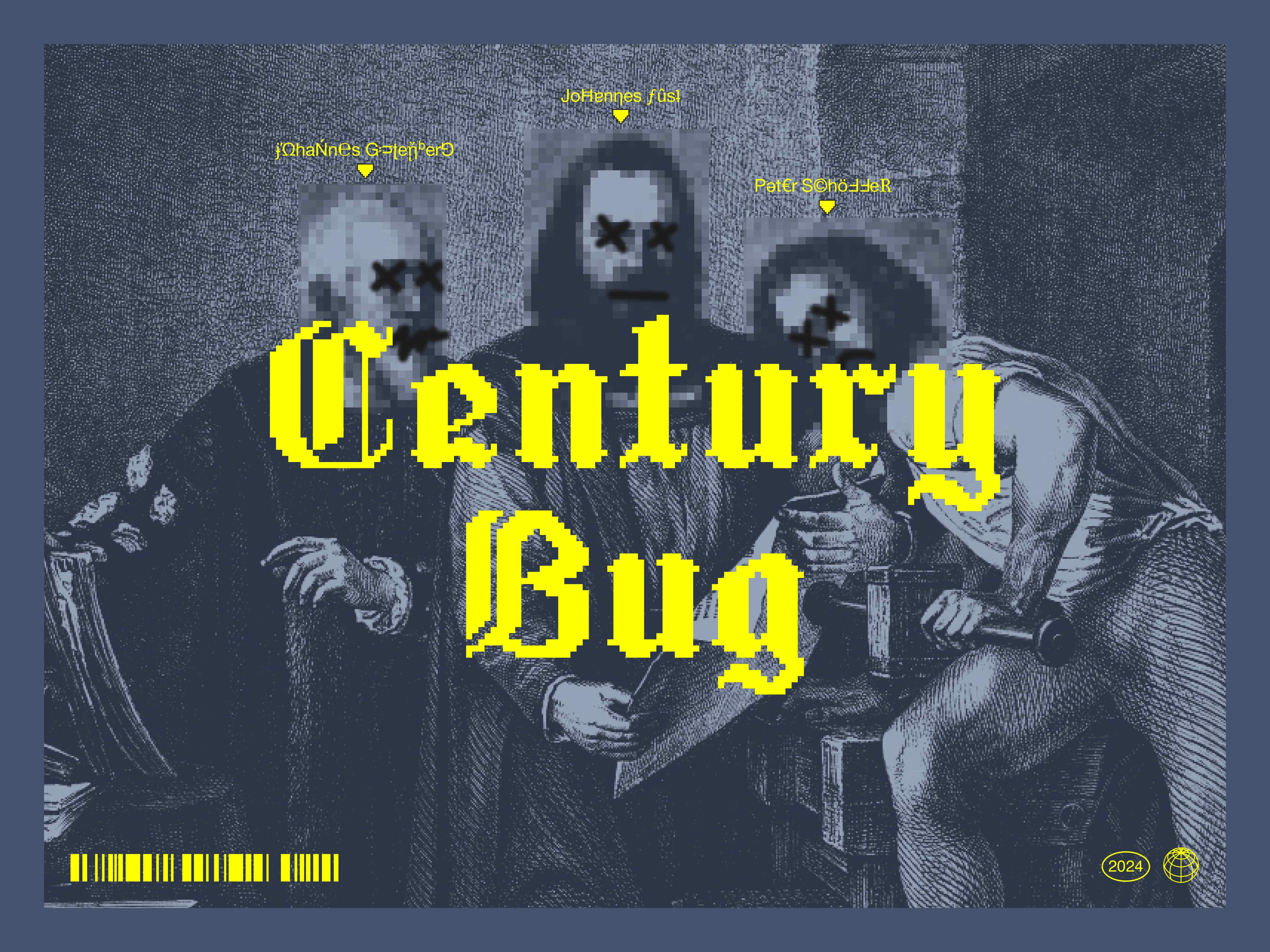 Blue Century Bug poster with yellow lettering and three skeletal figures.