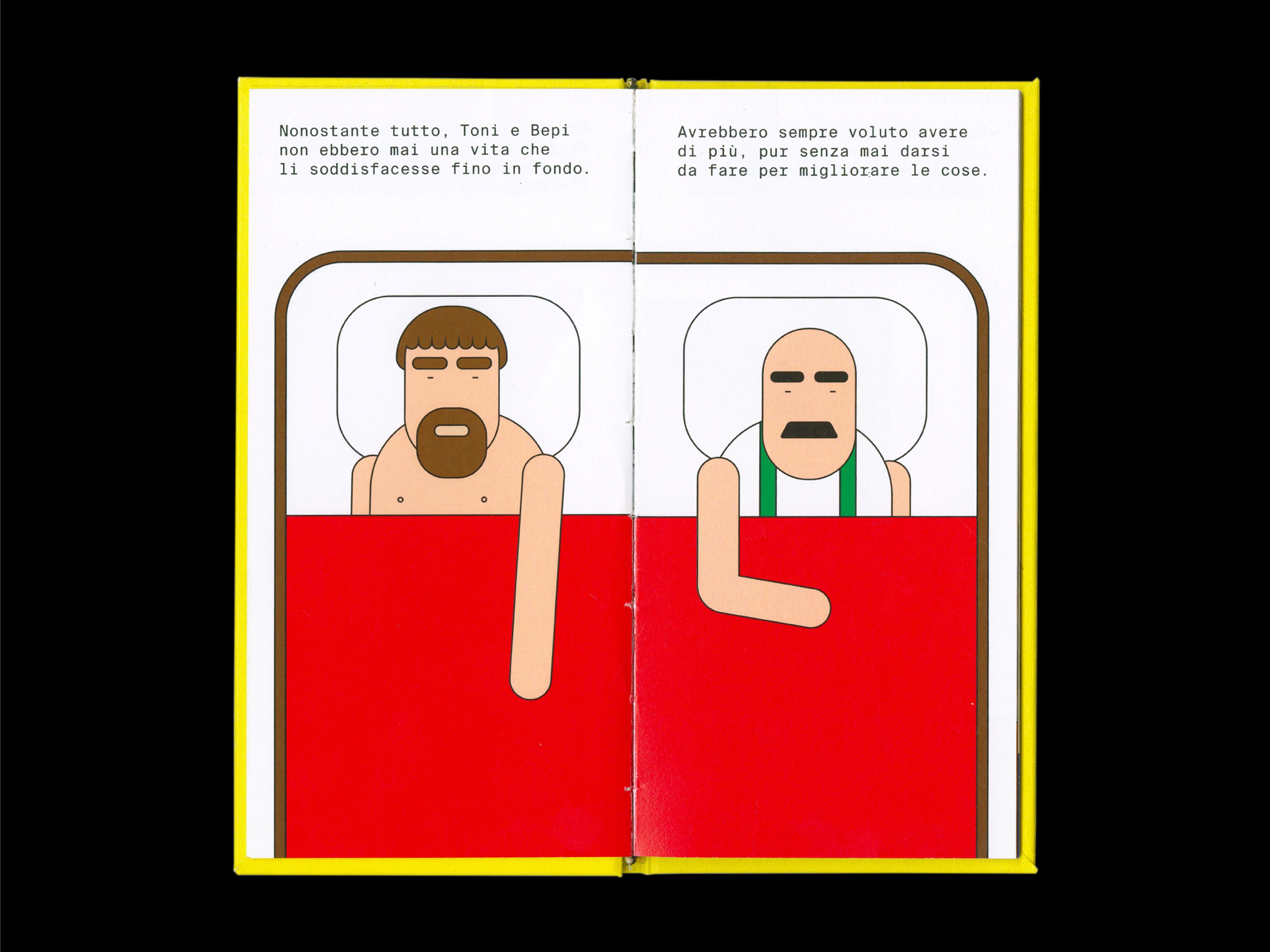Open Toni e Bepi book spread showing the two brothers sitting in red beds.