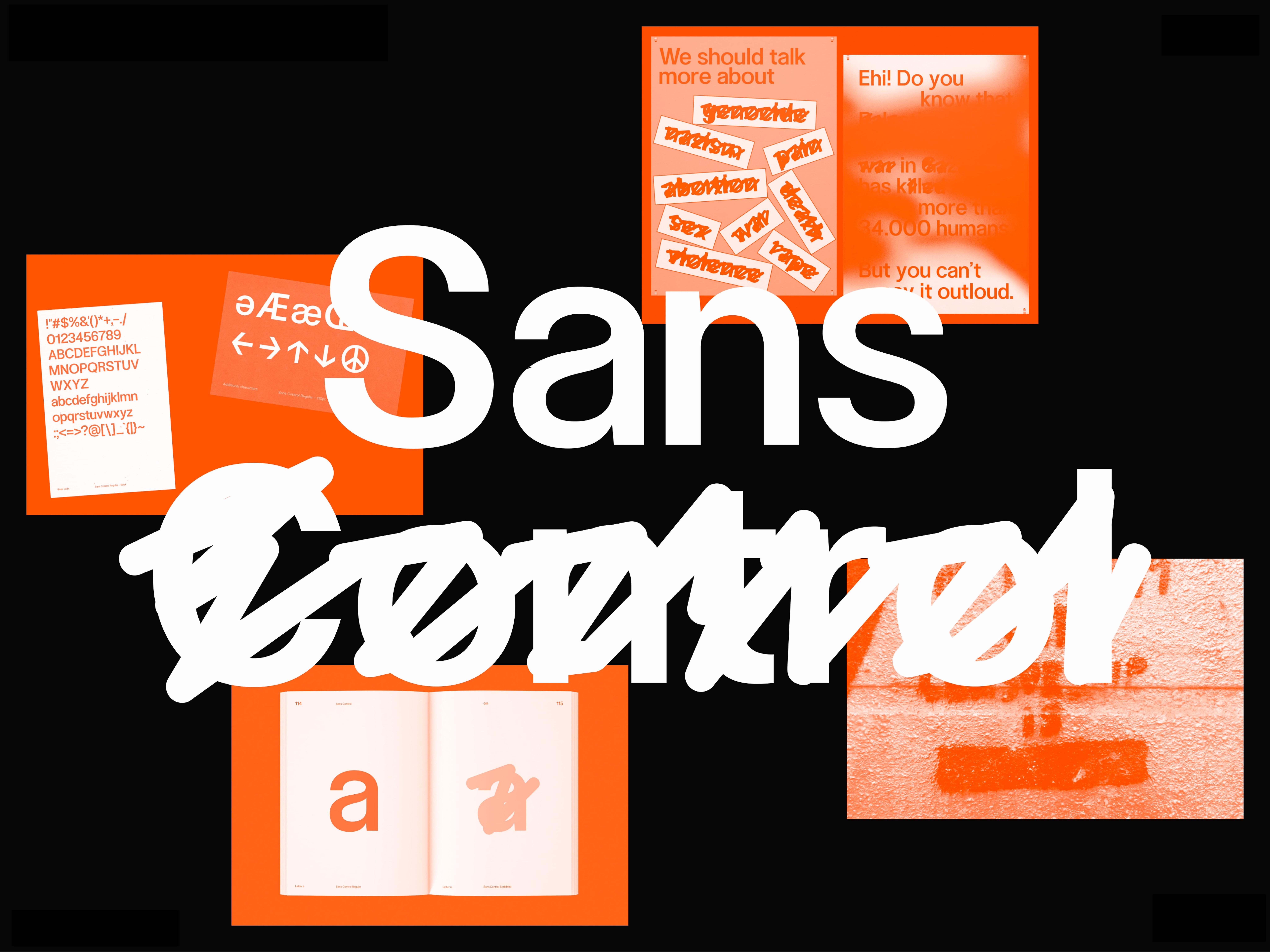 Orange and black Sans Control poster with large white lettering.