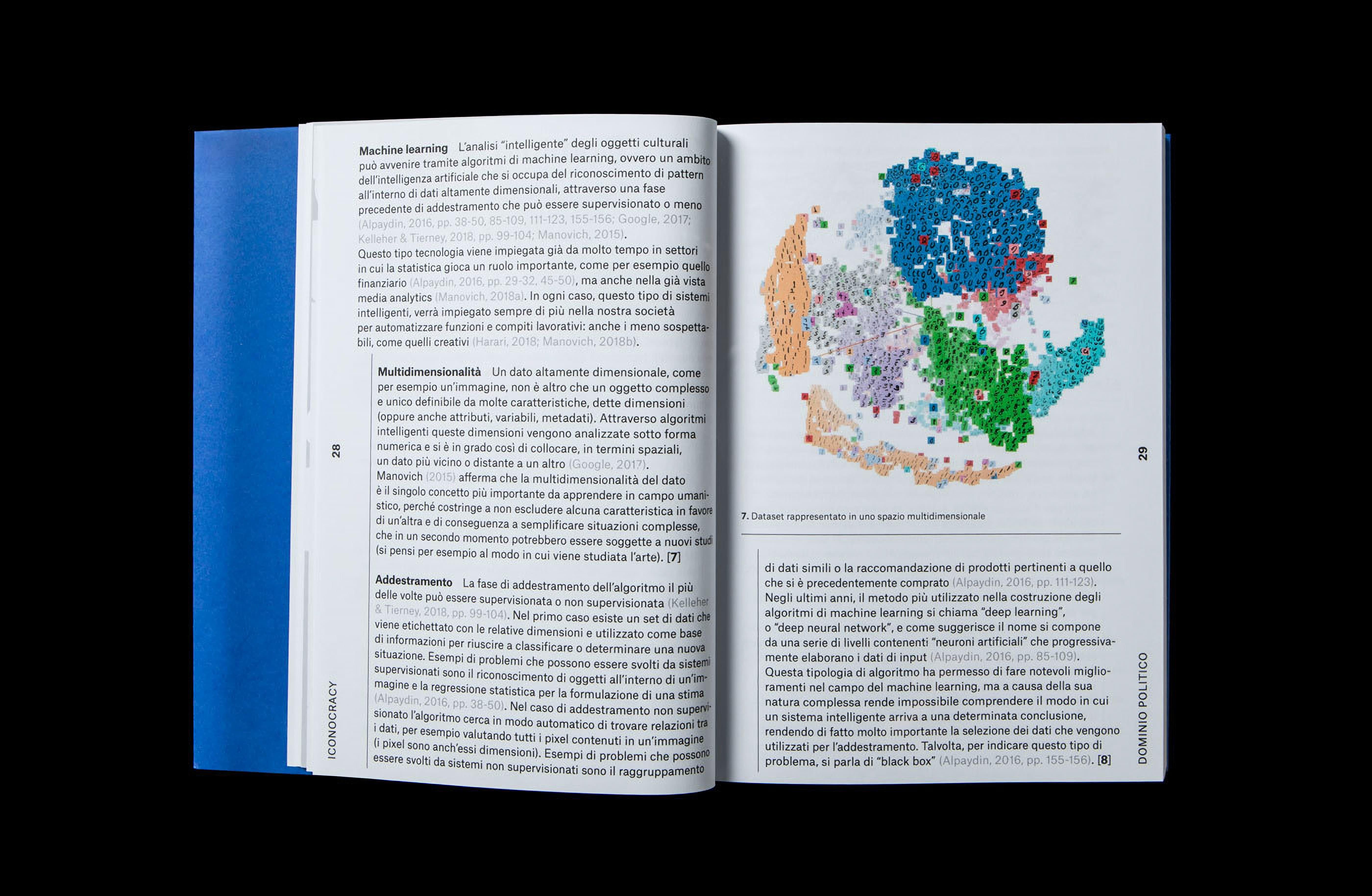 Open Iconocracy book spread with Italian text and a blue-and-green pixelated data visualisation.