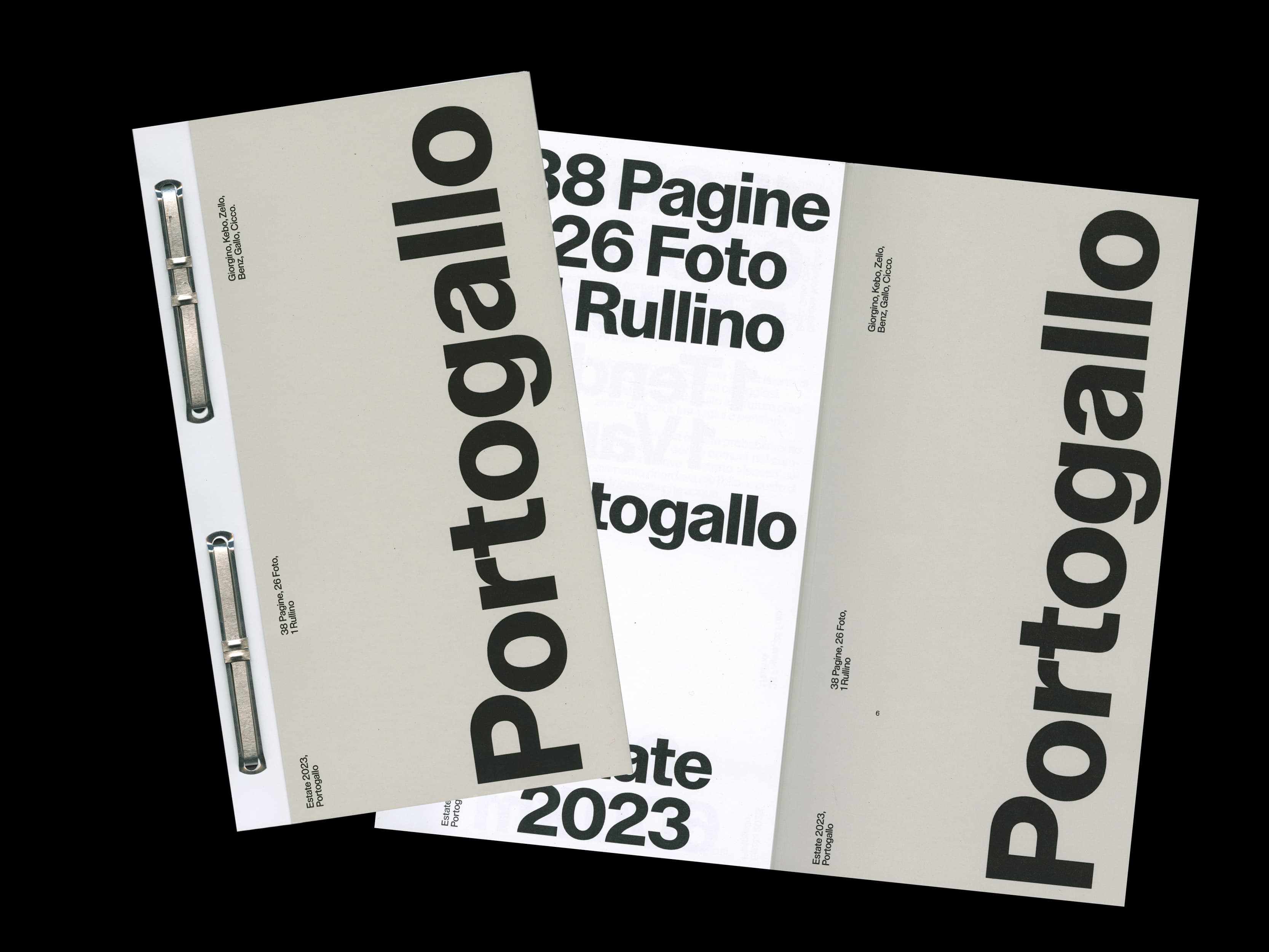 The booklet Portogallo, Estate 2023: a grey archive-style cover with metal clips and large vertical type, and an open page listing its numbers.